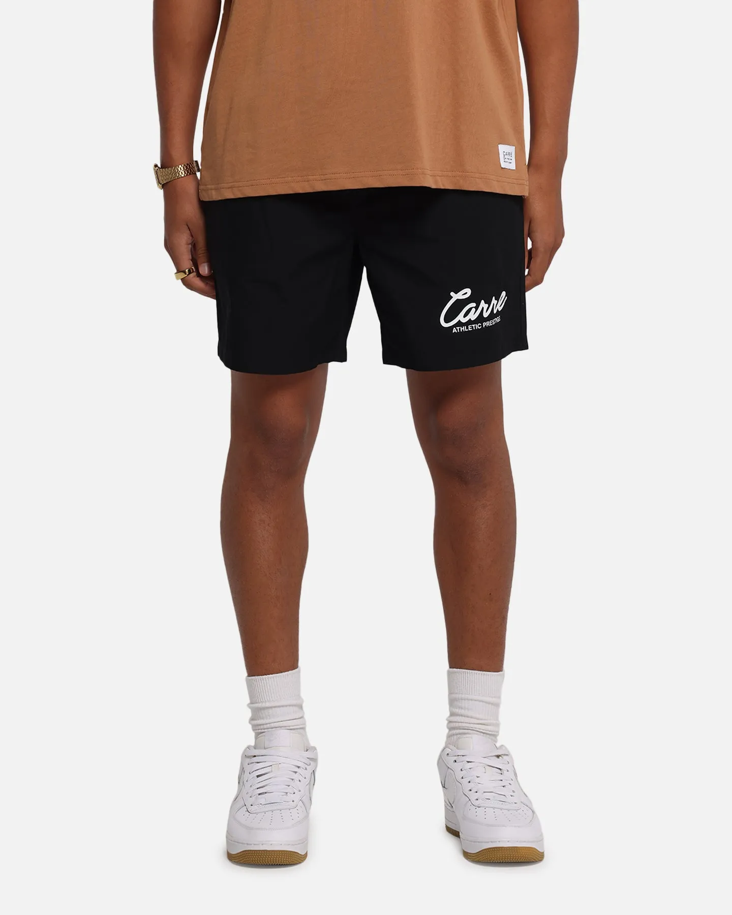 Carre Prestige Script Beach Shorts Black Playful Style Travel Wear