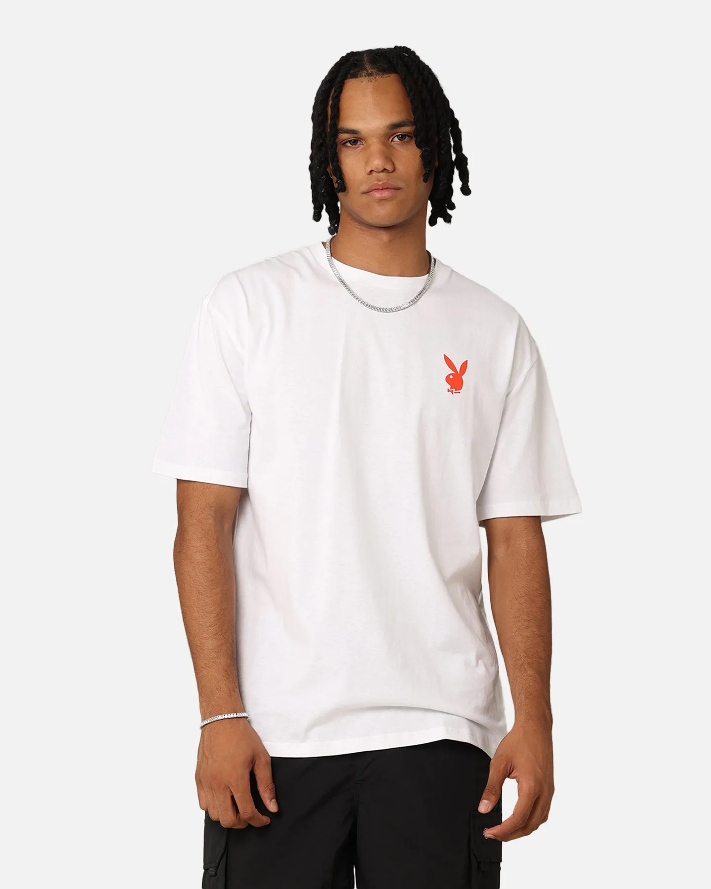 Fashion Forward Durable Knit Structure Playboy Bunny O Gothic Stack T-Shirt White