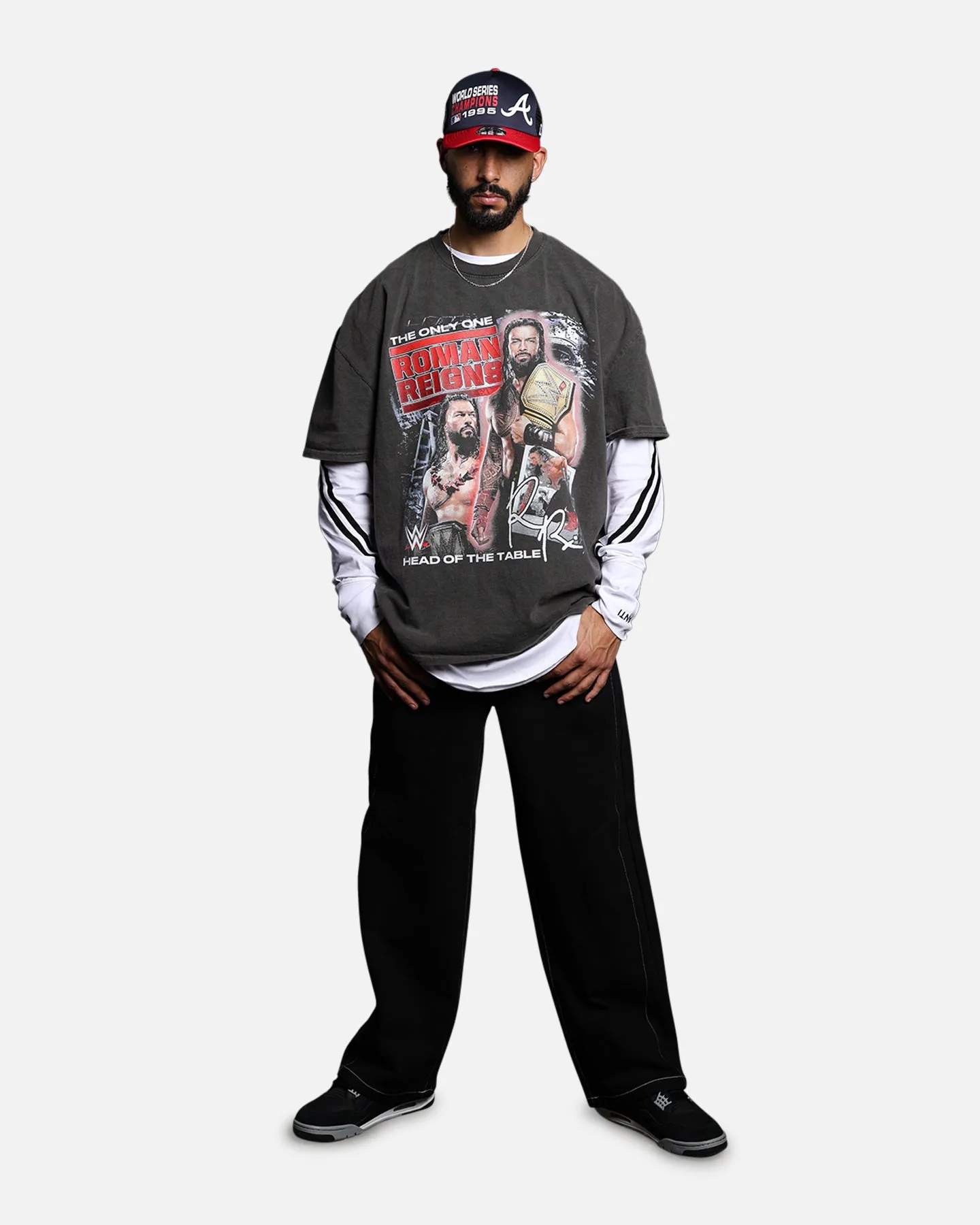 Classic Layering Office Wear Culture Kings X WWE Roman Reigns Vintage T-Shirt Black Wash