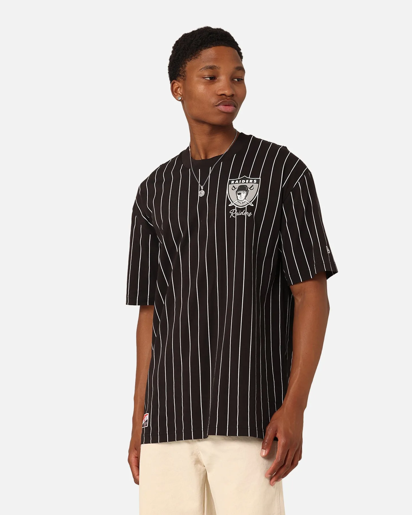 Subtle Embroidery Effortless Fit New Era Las Vegas Raiders Pinstripe Champions T-Shirt Black