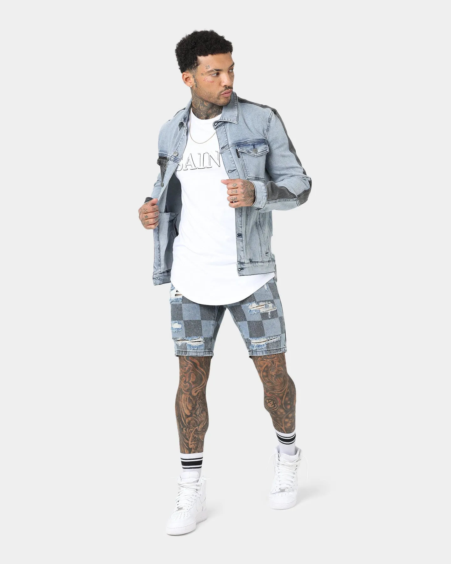 Relaxed Waistband Simple Style Saint Morta Vintage Checks Denim Shorts Stone Wash Blue