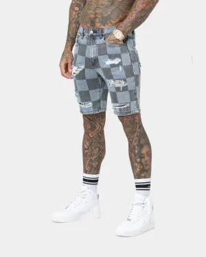 DoubleLayeredKnees Saint Morta Vintage Checks Denim Shorts Stone Wash Blue