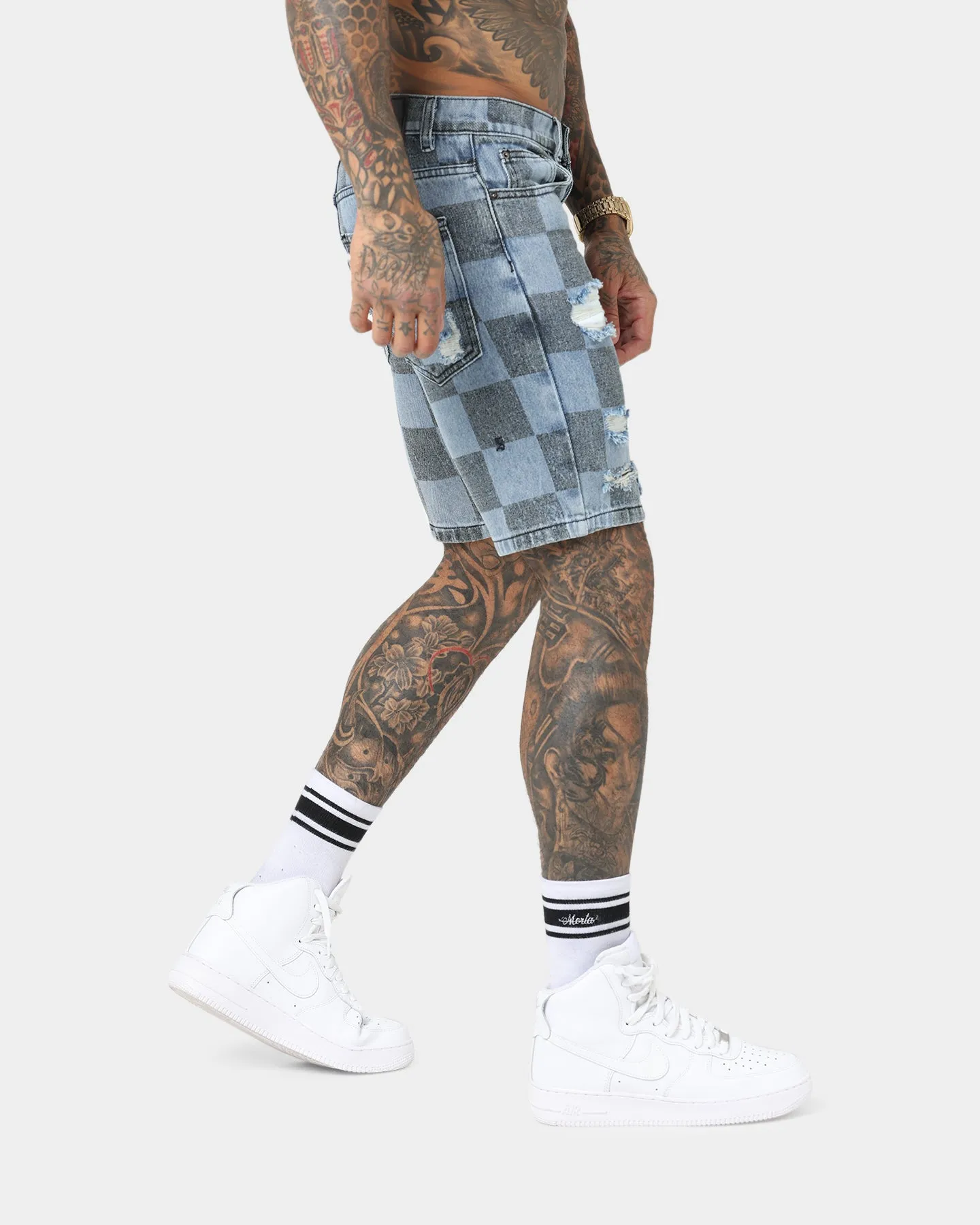 Minimal Design Saint Morta Vintage Checks Denim Shorts Stone Wash Blue