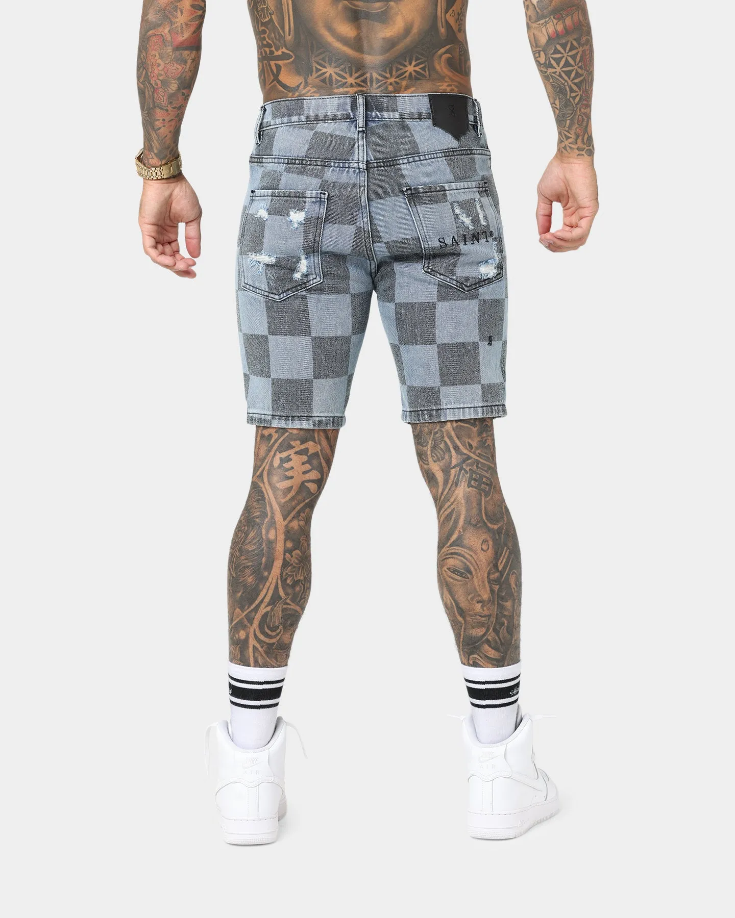 Sporty Vibe Wear Free Size Adjuster Saint Morta Vintage Checks Denim Shorts Stone Wash Blue