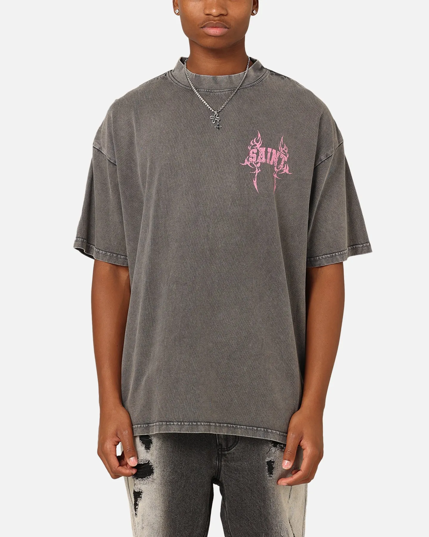 Saint Morta Wraith Crucifix T-Shirt Washed Charcoal warm weather Cozy And Warm