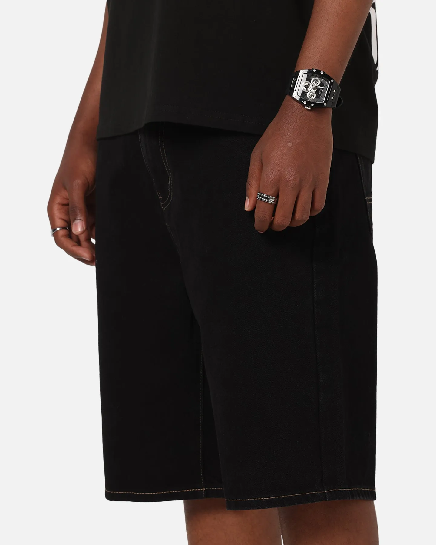 S Double Denim Standard Shorts Black Rinse Semi-formal