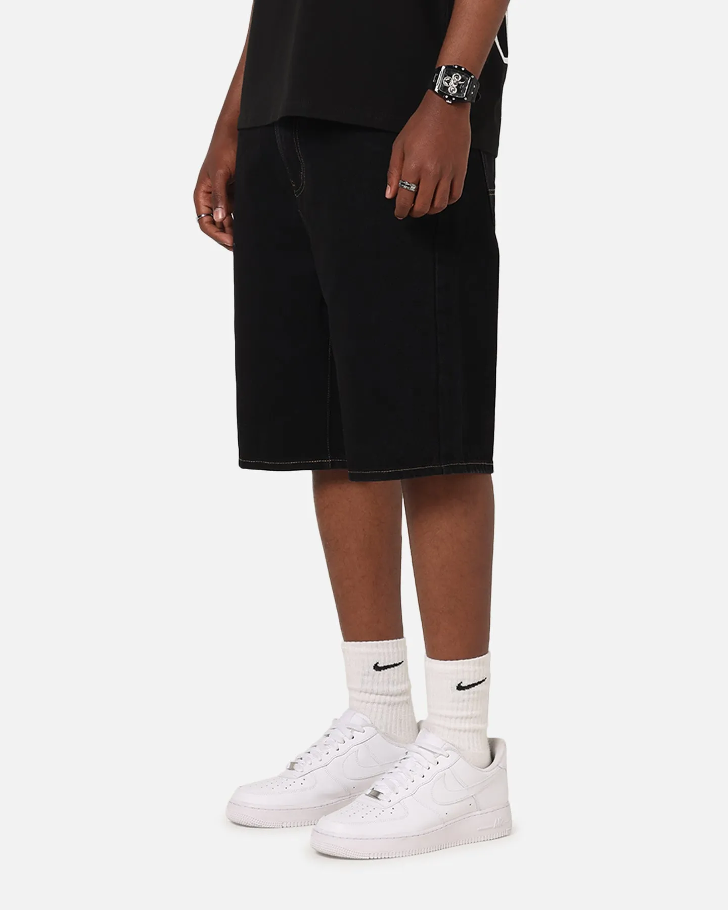 S Double Denim Standard Shorts Black Rinse UPF Protection Quick Flex
