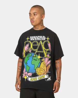 Minimalist Stitching Goat Crew World Peace Vintage T-Shirt Black Wash