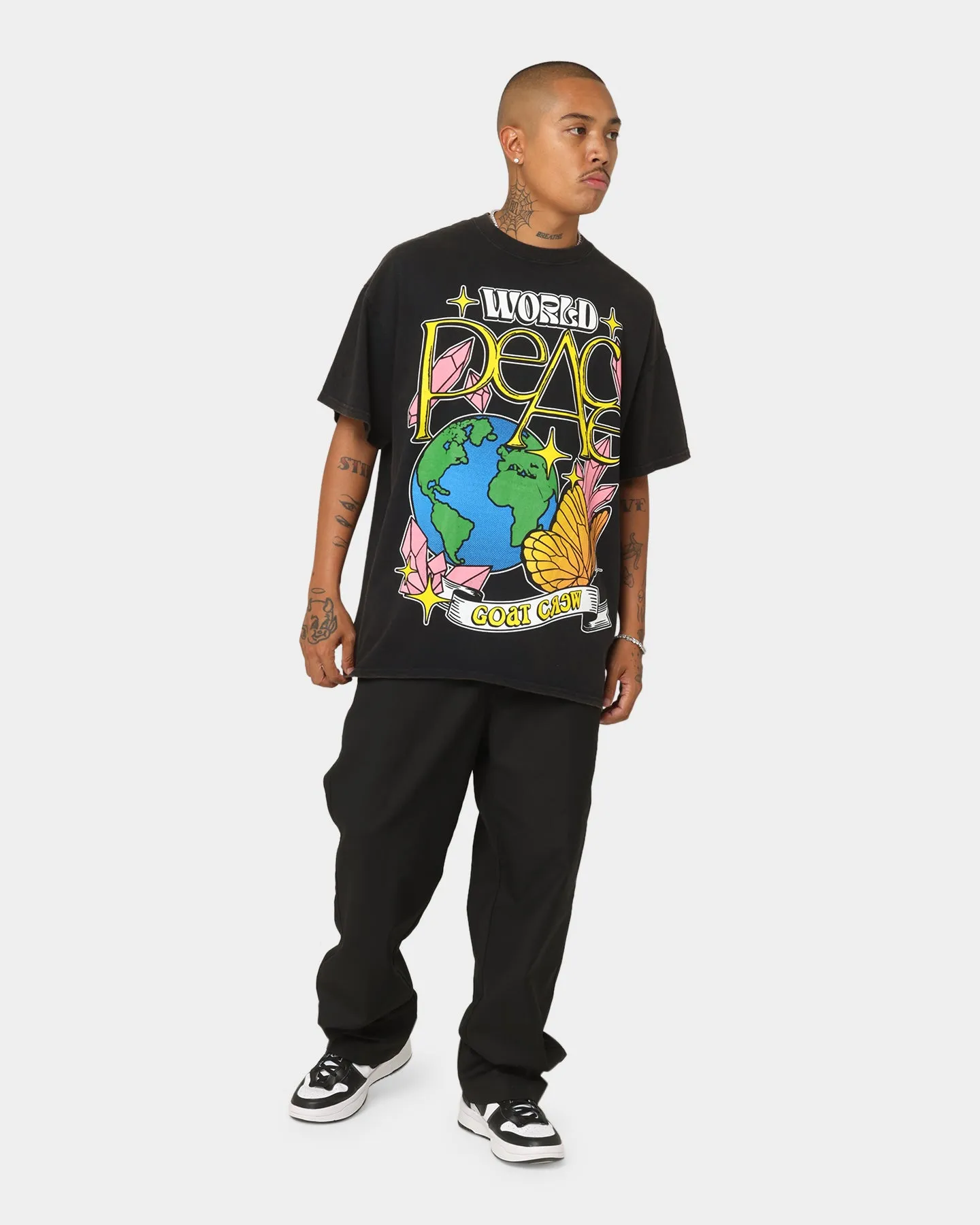 Goat Crew World Peace Vintage T-Shirt Black Wash Anti Shrinkage Treatment Casual Fit