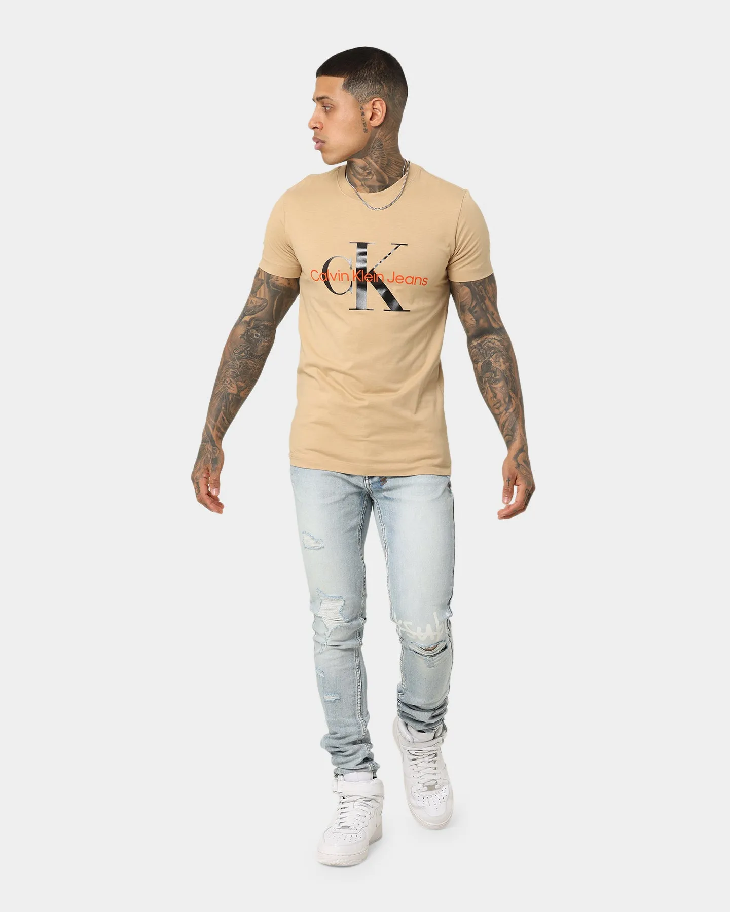 Sweat Absorbent UV Protection Fabric Calvin Klein Monogram Short Sleeve T-Shirt Tawny Sand/Black