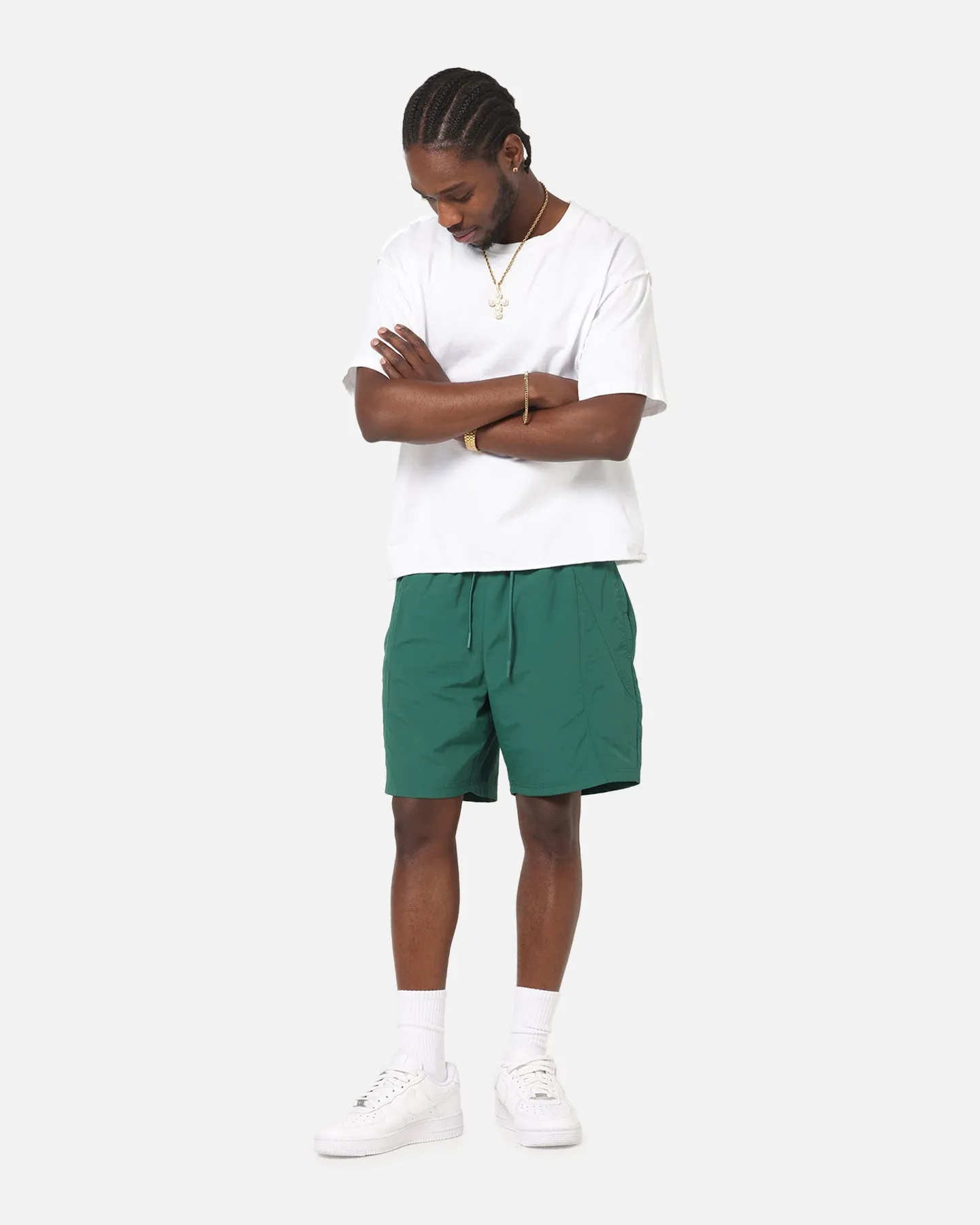 Water Repellent Coating Carre Panelled Nylon Shorts Green