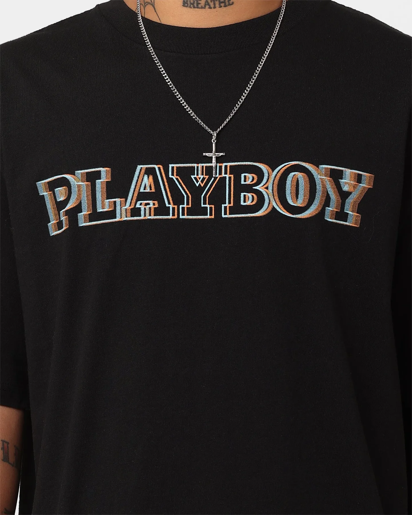 Casual Layer Look Layered Wear Playboy Floral Bunny Trip Short Sleeve T-Shirt Black