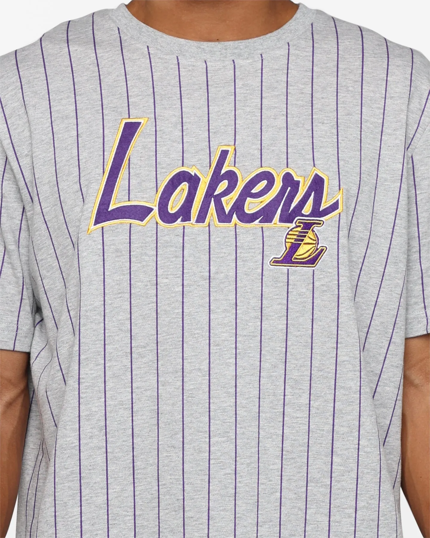 Comfortable And Trendy MicroPiqueKnit New Era Los Angeles Lakers Pinstripe T-Shirt Grey