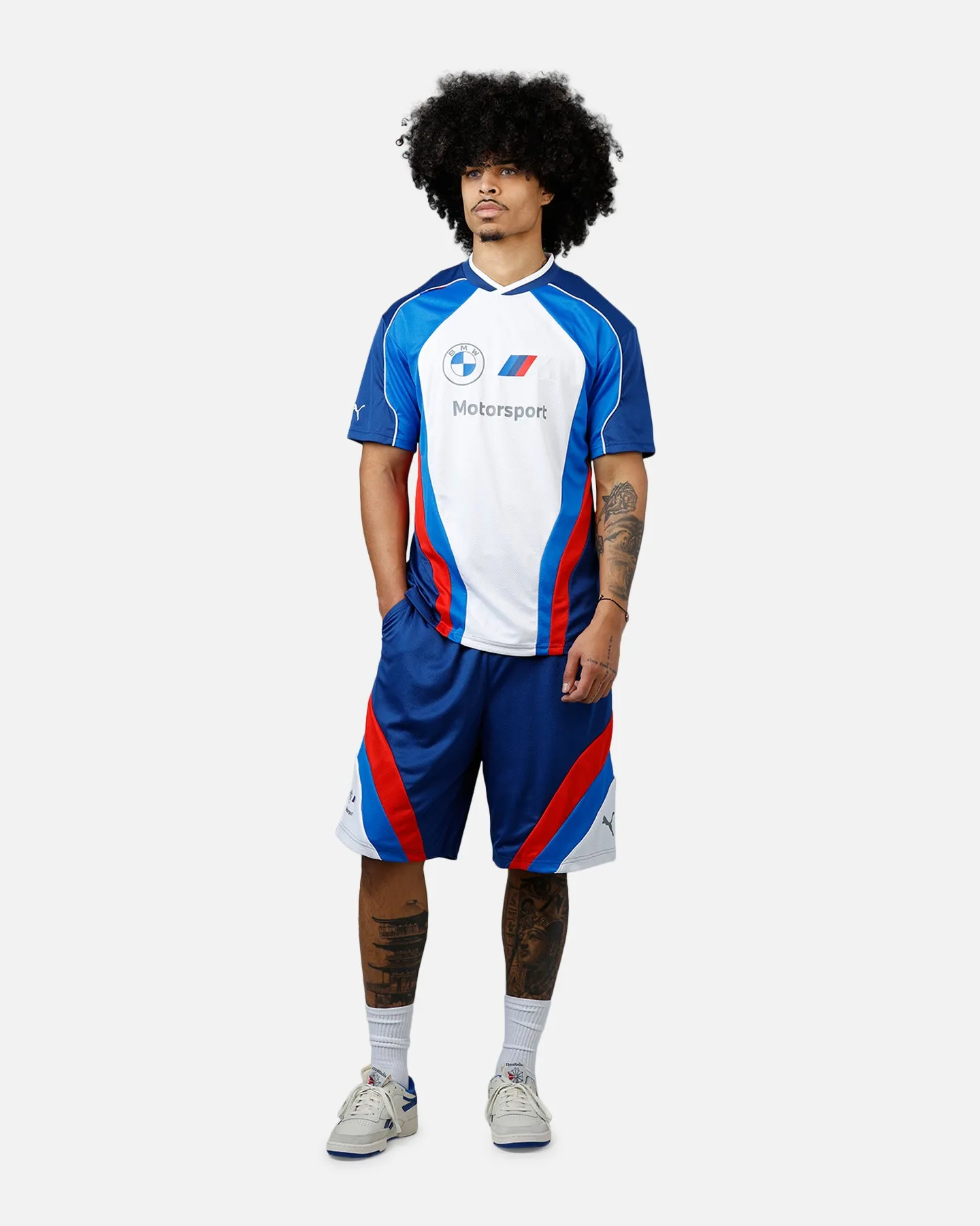 Puma X BMW MMS Shorts White/Blue Layered Protection System swim trunks