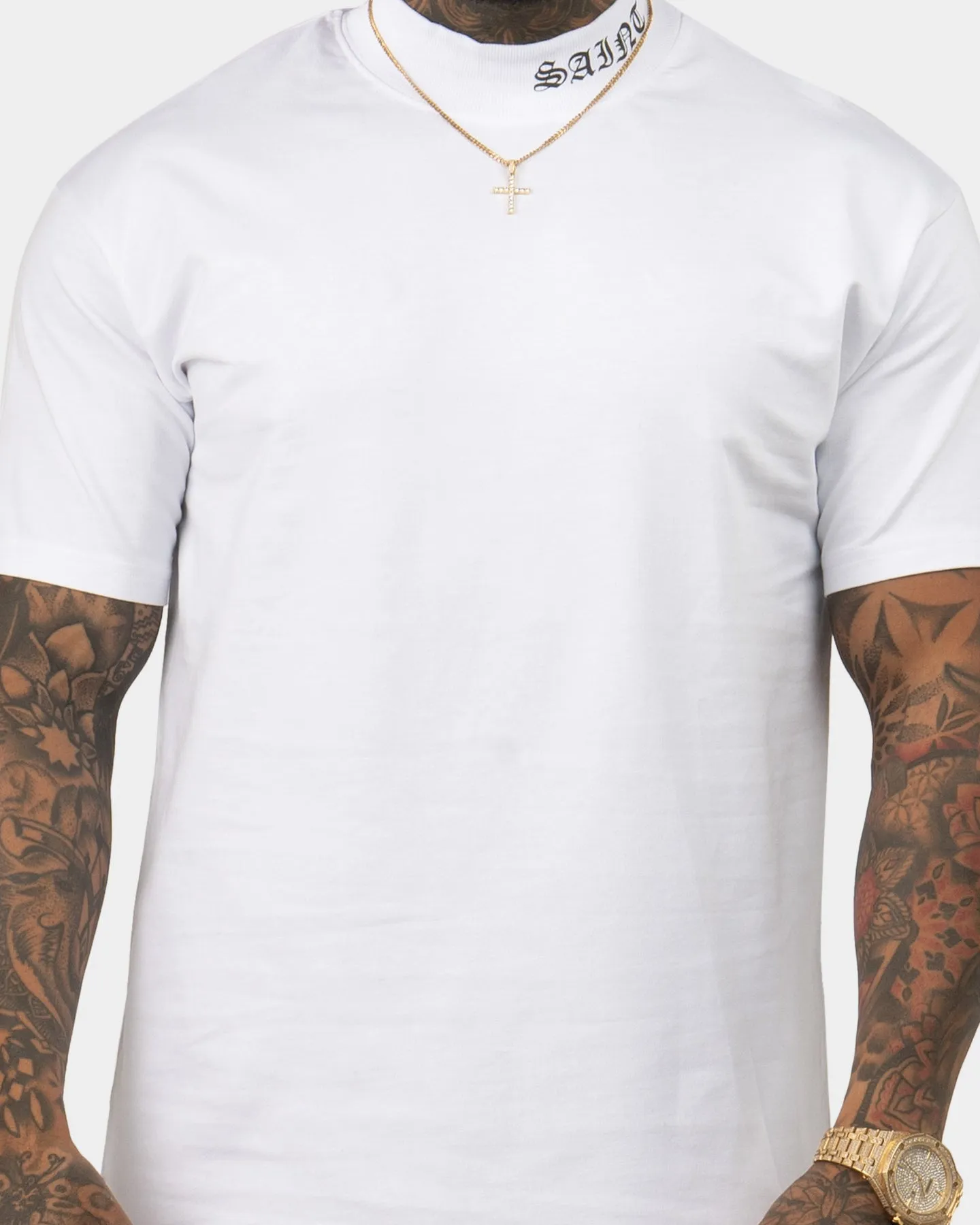 Saint Morta Old English Mock Neck T-Shirt White/Black UPF Rated Fabric