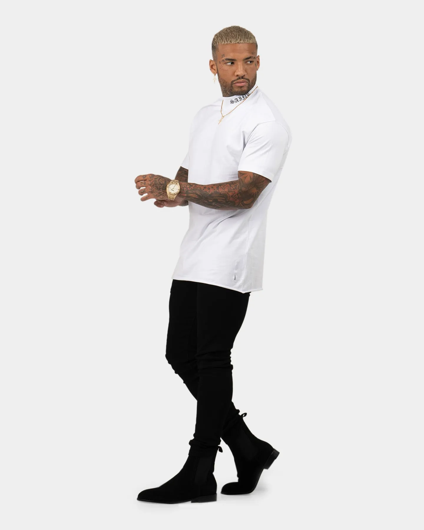 Saint Morta Old English Mock Neck T-Shirt White/Black Light and Cozy