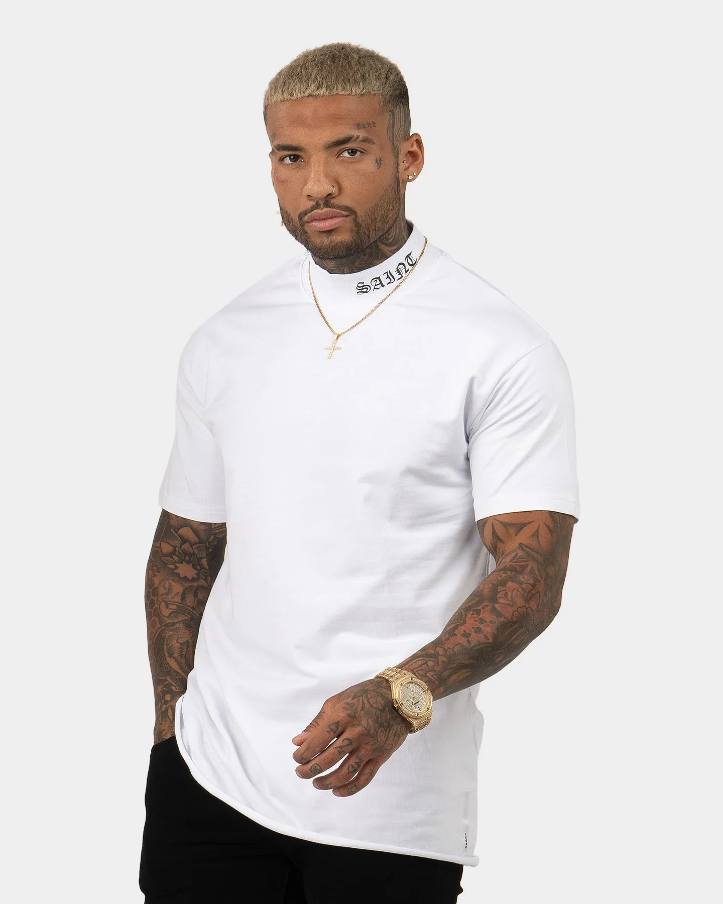 Stylish and Fun Beaded details Saint Morta Old English Mock Neck T-Shirt White/Black