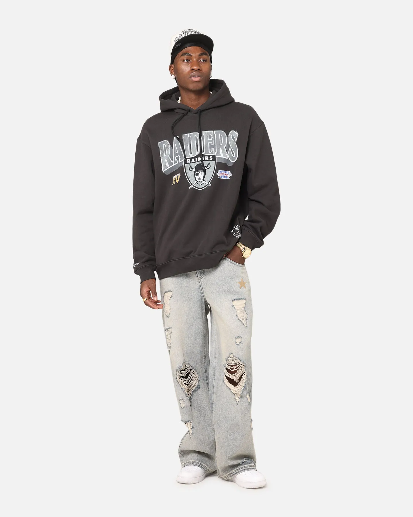 Mitchell & Ness Las Vegas Raiders Arch Hoodie Faded Black Embroidered Details