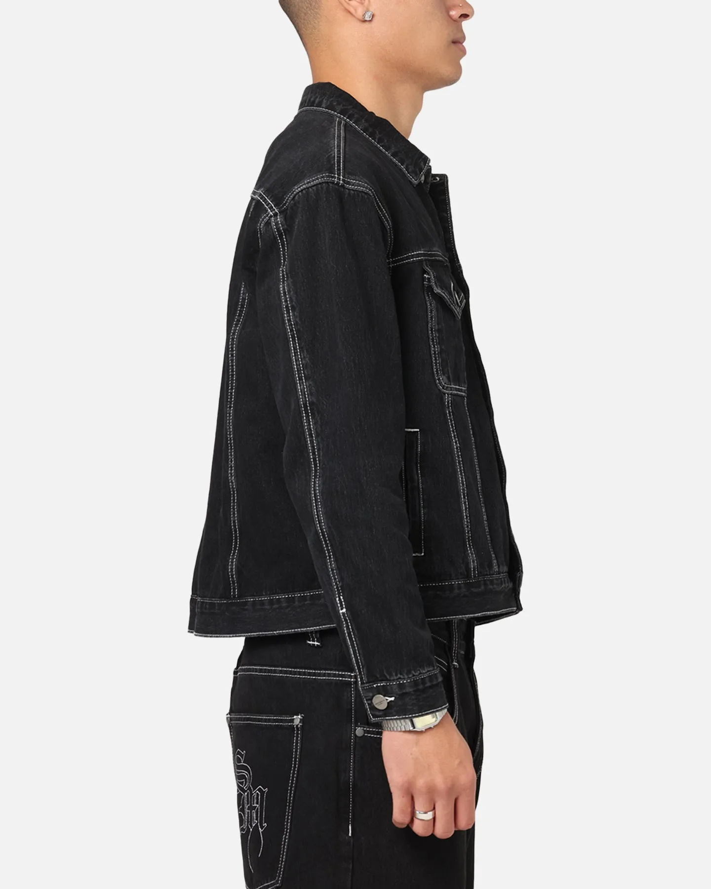 Saint Morta Fray Trucker Denim Jacket Contrast Black Layer Match Flexible Movement