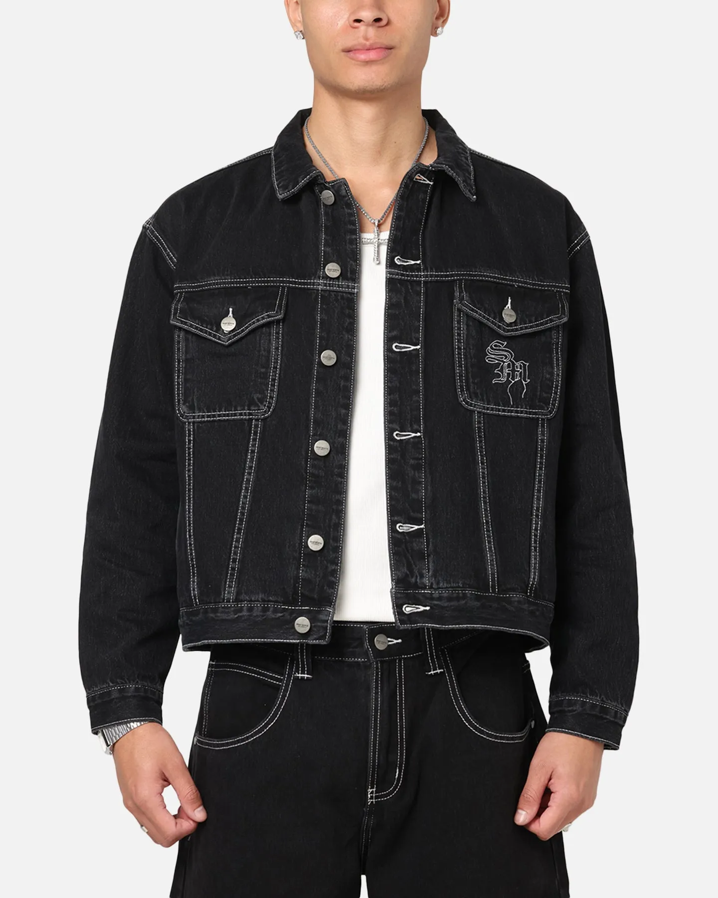 Weather Ready Saint Morta Fray Trucker Denim Jacket Contrast Black