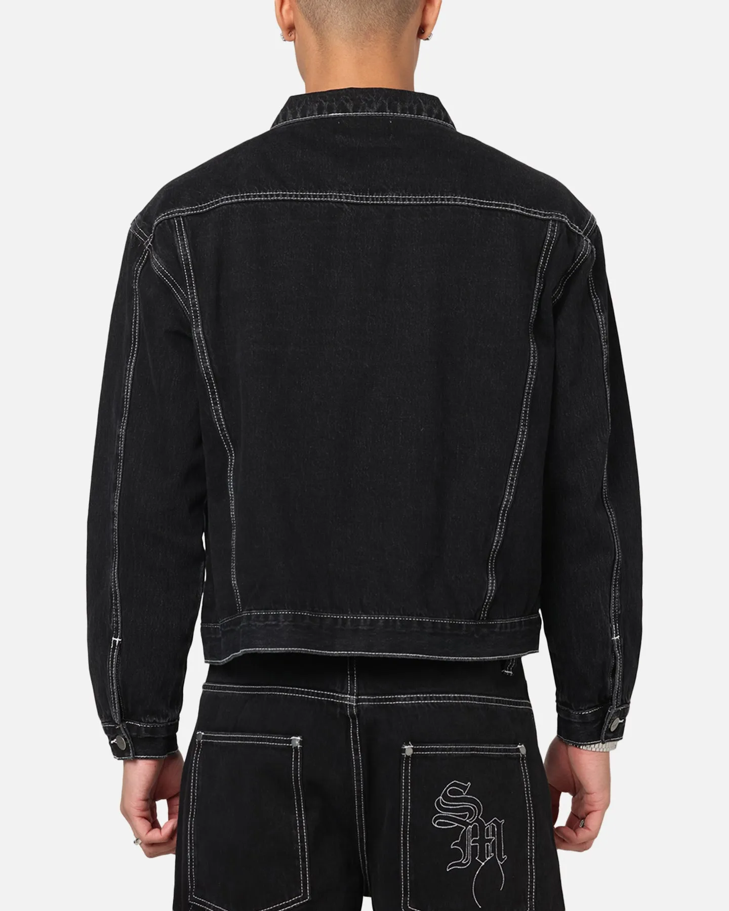 Saint Morta Fray Trucker Denim Jacket Contrast Black Stand Collar
