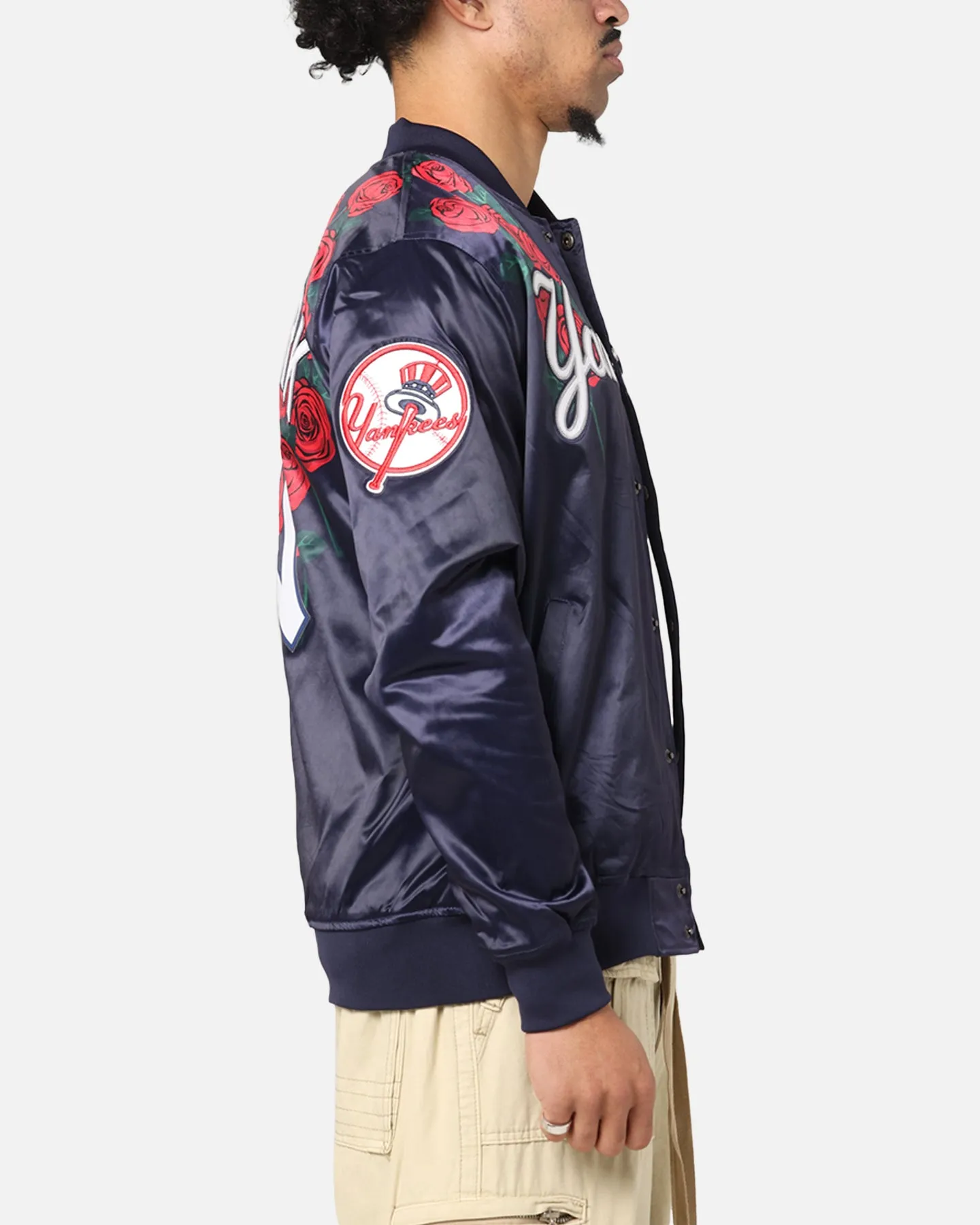 Reinforced Elbow Patches Recycled Polyester Pro Standard New York Yankees Roses Satin Jacket Navy