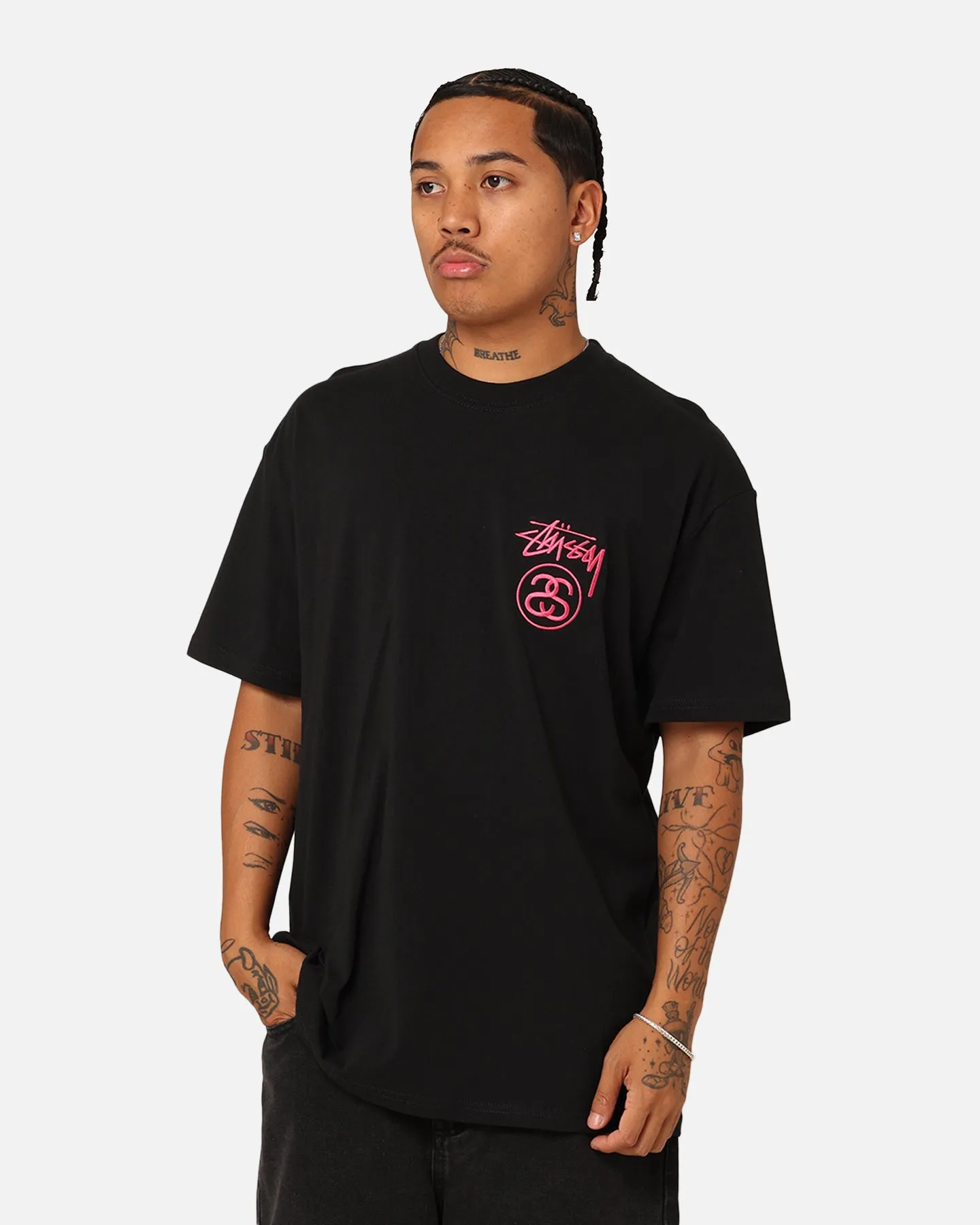 Stussy SS Link T-Shirt Black/Pink V neck
