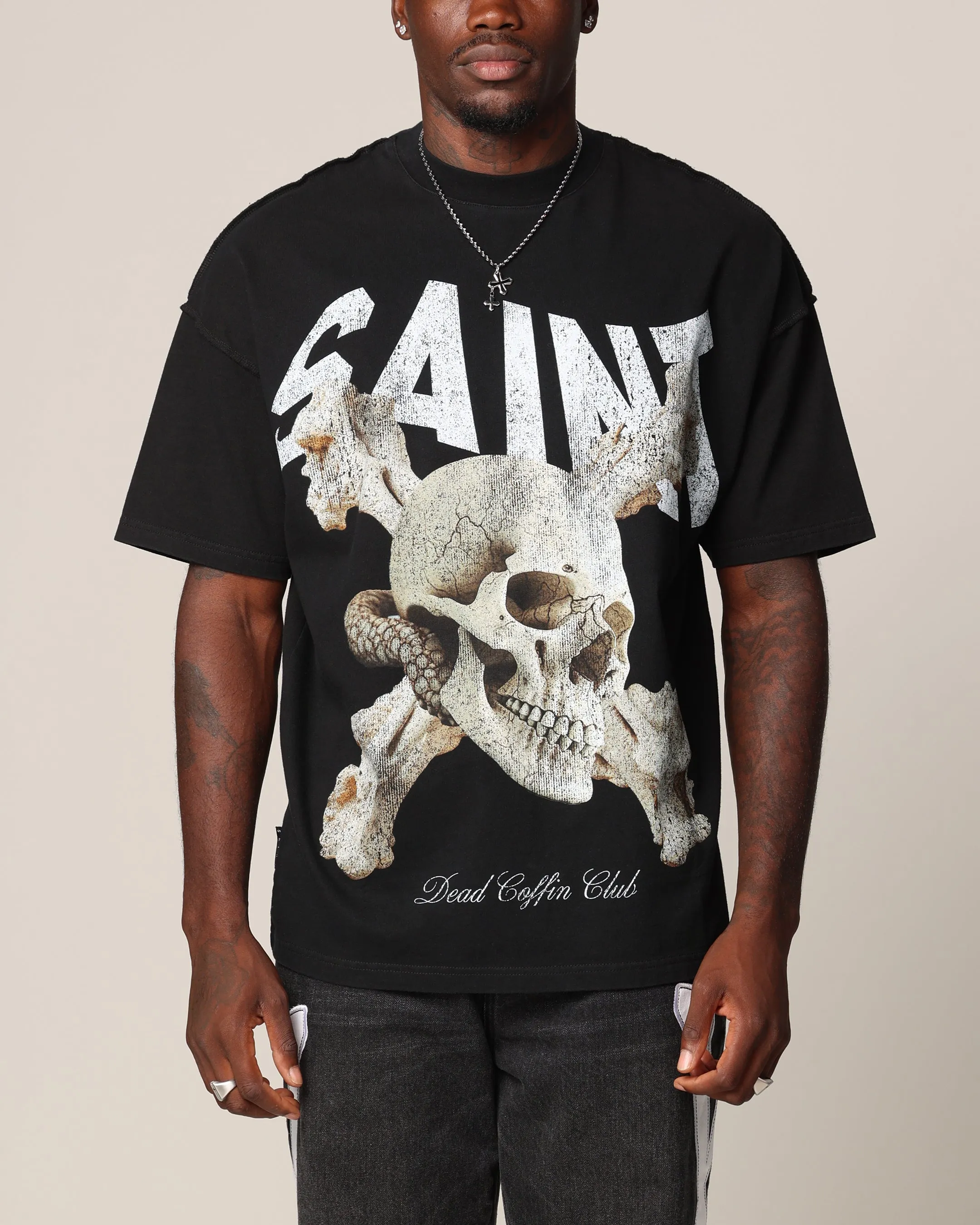 Saint Morta Dead Coffin Club Boxy T-Shirt Black Comfortable Fit Wear Sustainable Material Blend