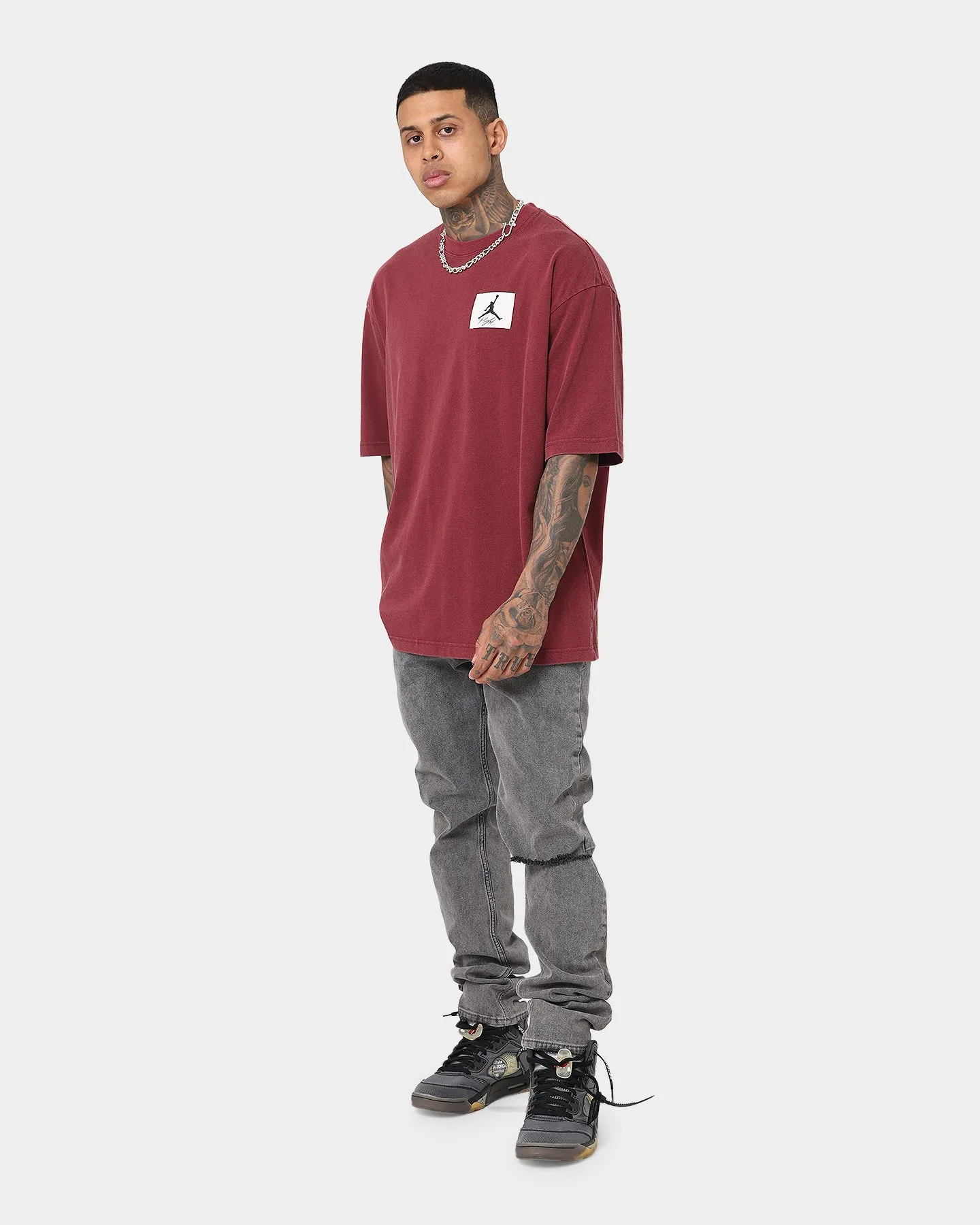 Jordan Flight Essential Oversized Washed T-Shirt Cherrywood Red Pocket Detailing