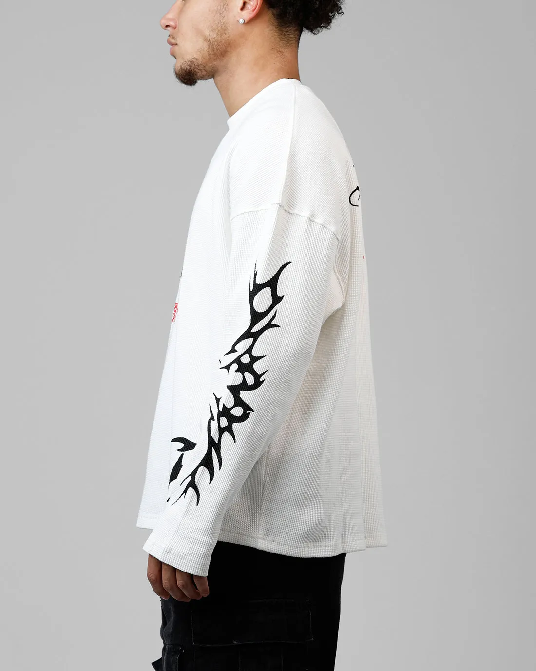 SustainableBlend Casual Style Loiter American Dream Waffle Knit Long Sleeve T-Shirt White