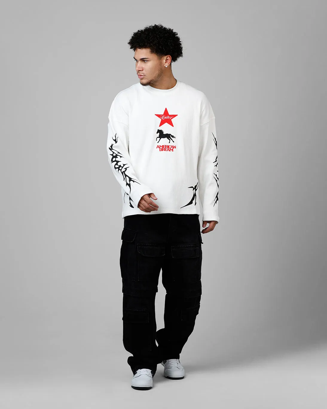 Loiter American Dream Waffle Knit Long Sleeve T-Shirt White Farm Glow