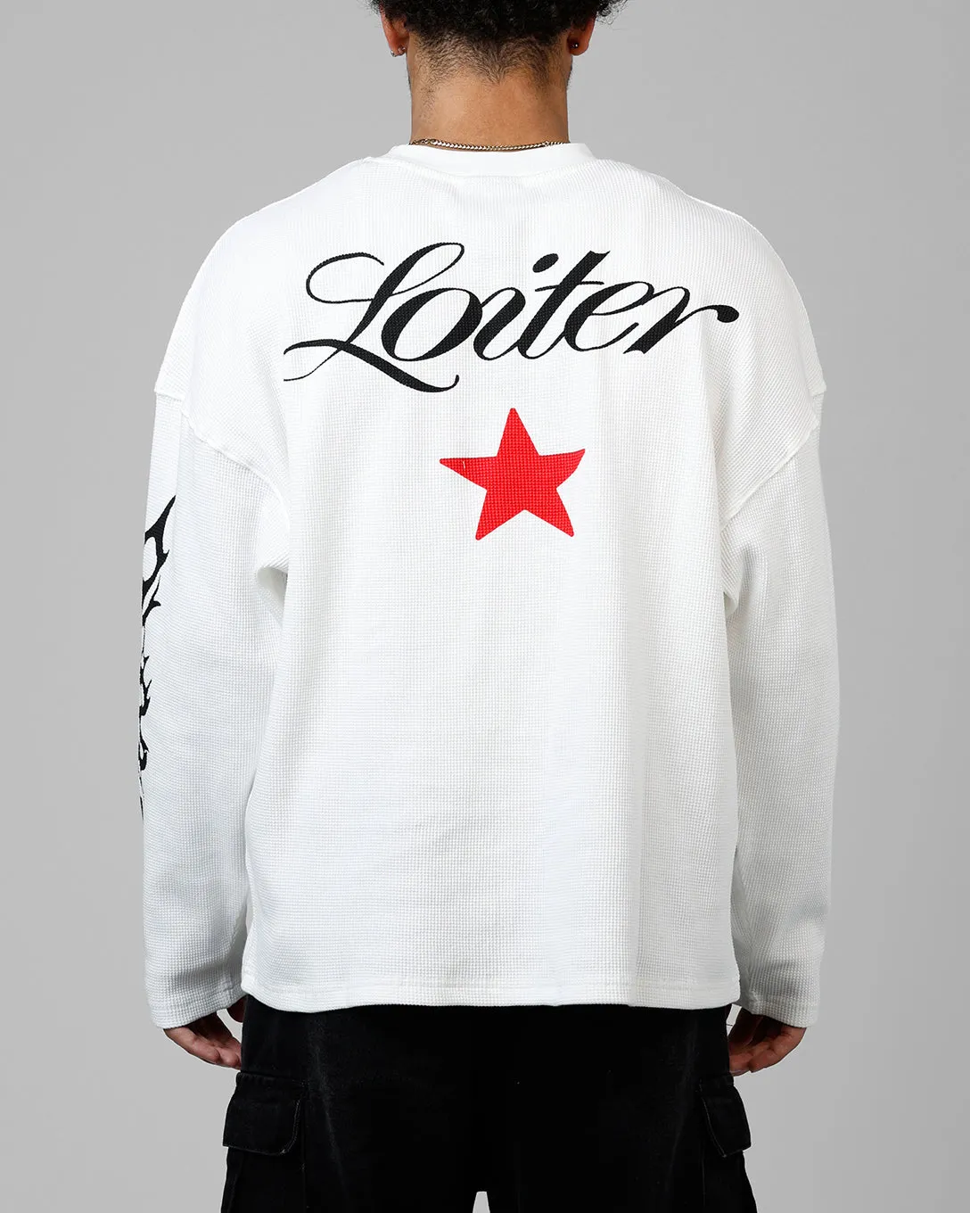 Meta Mood Airflow Mesh Panels Loiter American Dream Waffle Knit Long Sleeve T-Shirt White
