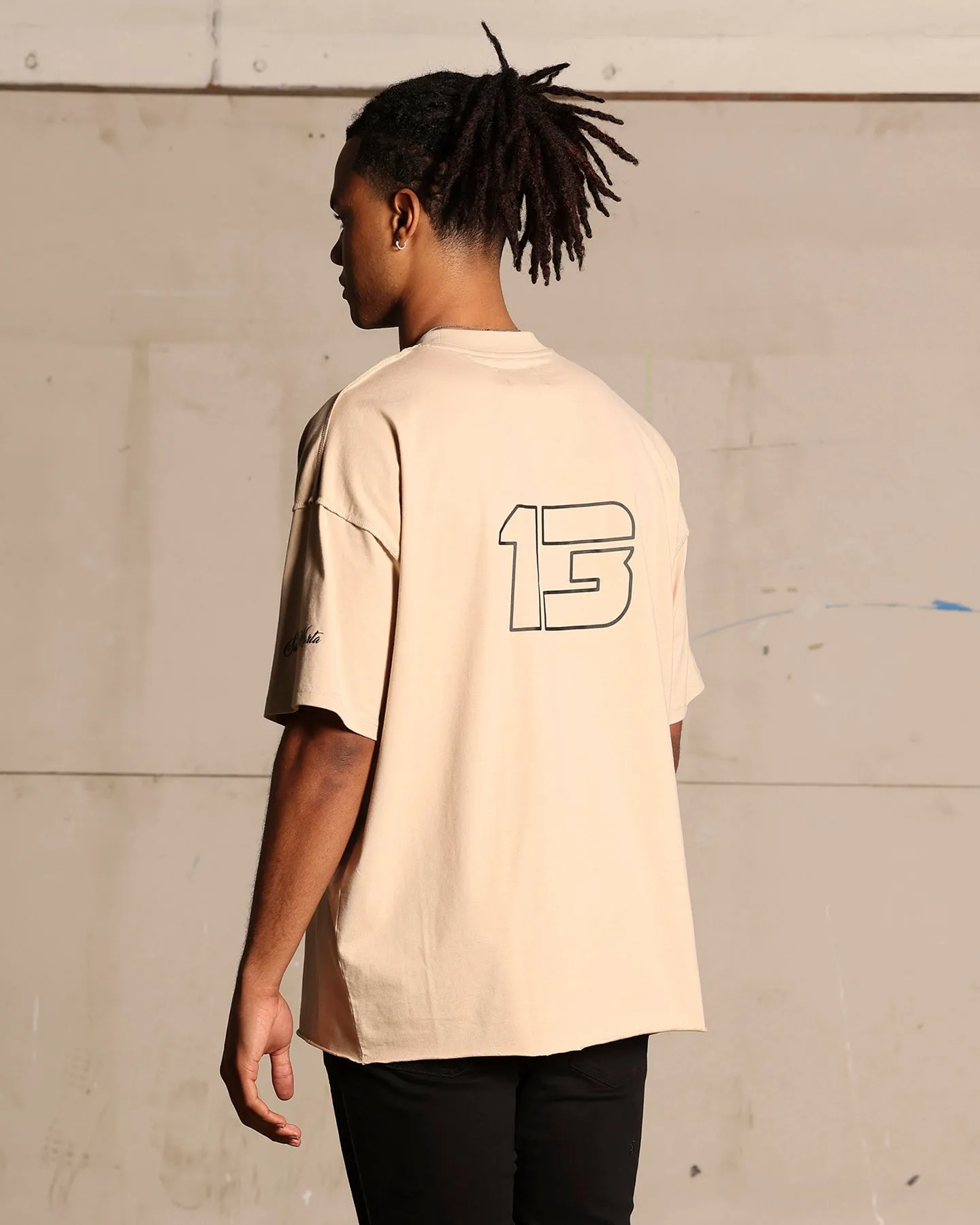 Layered Collar Classic Wear Saint Morta Moto Boxy T-Shirt Stone