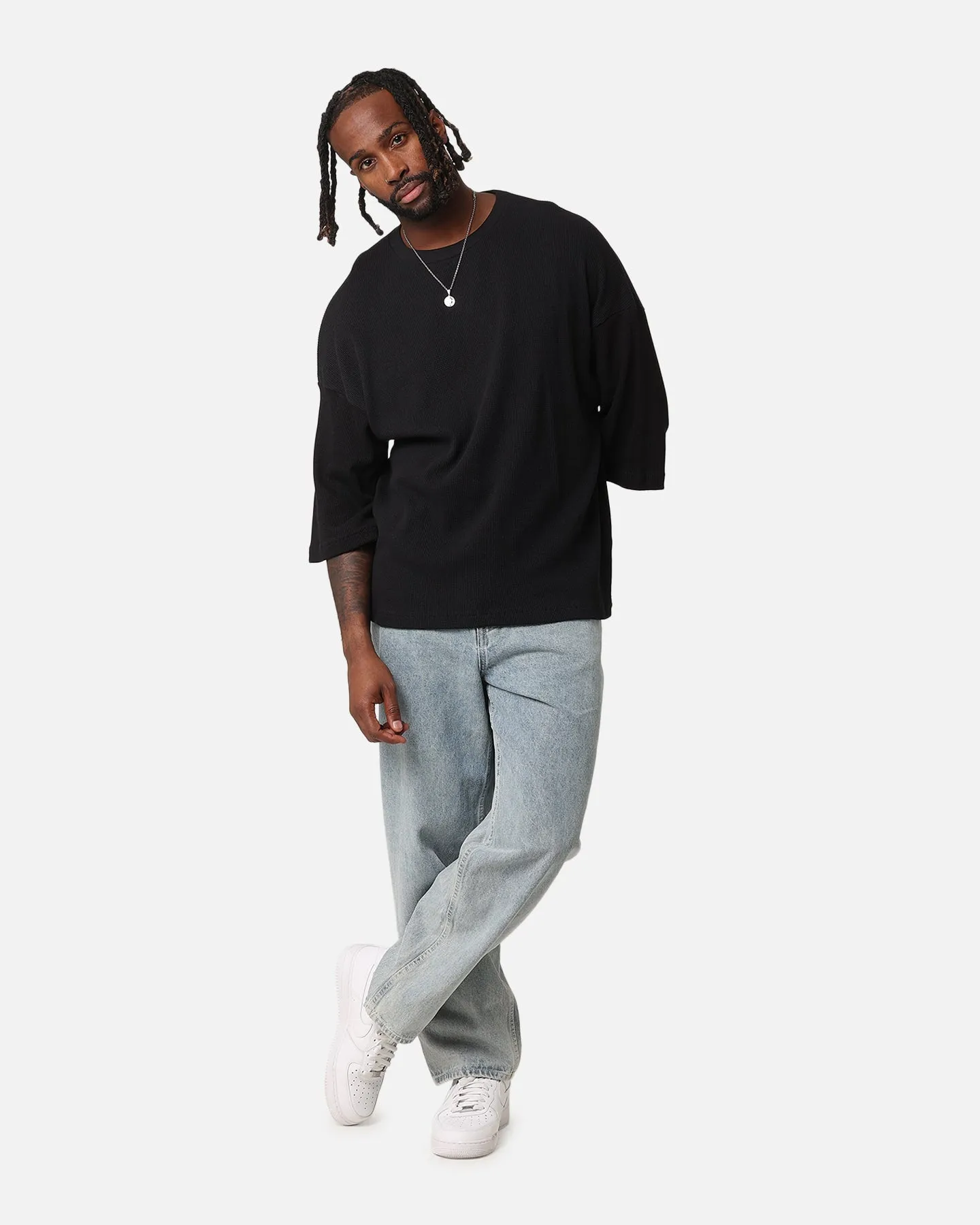 Layered Sleeve Construction Trendy Style XXIII Waffle Midsleeve T-Shirt Black
