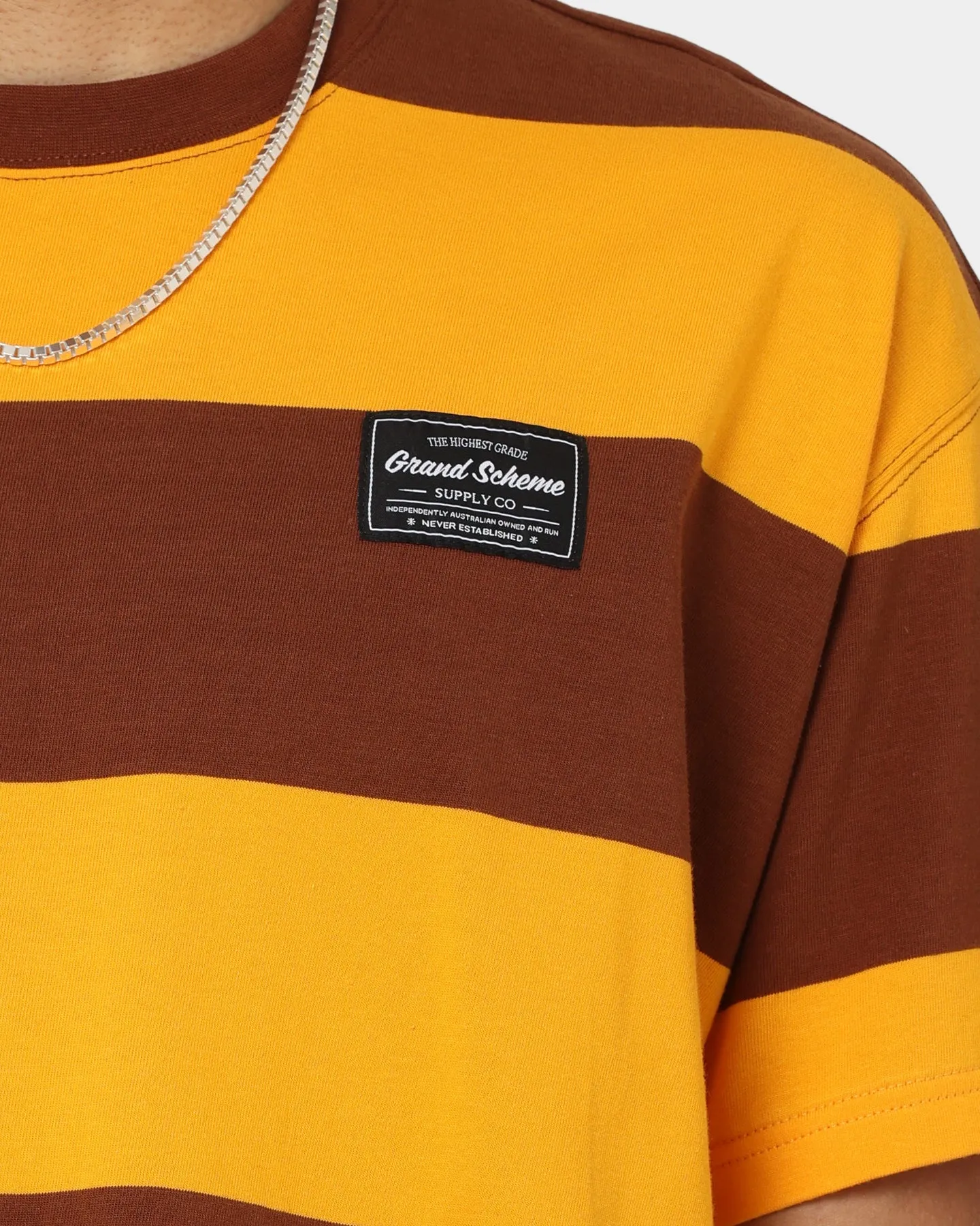 Versatile Layering Piece LongLastingColor Grand Scheme Yarn Dyed Short Sleeve T-Shirt Brown/Yellow