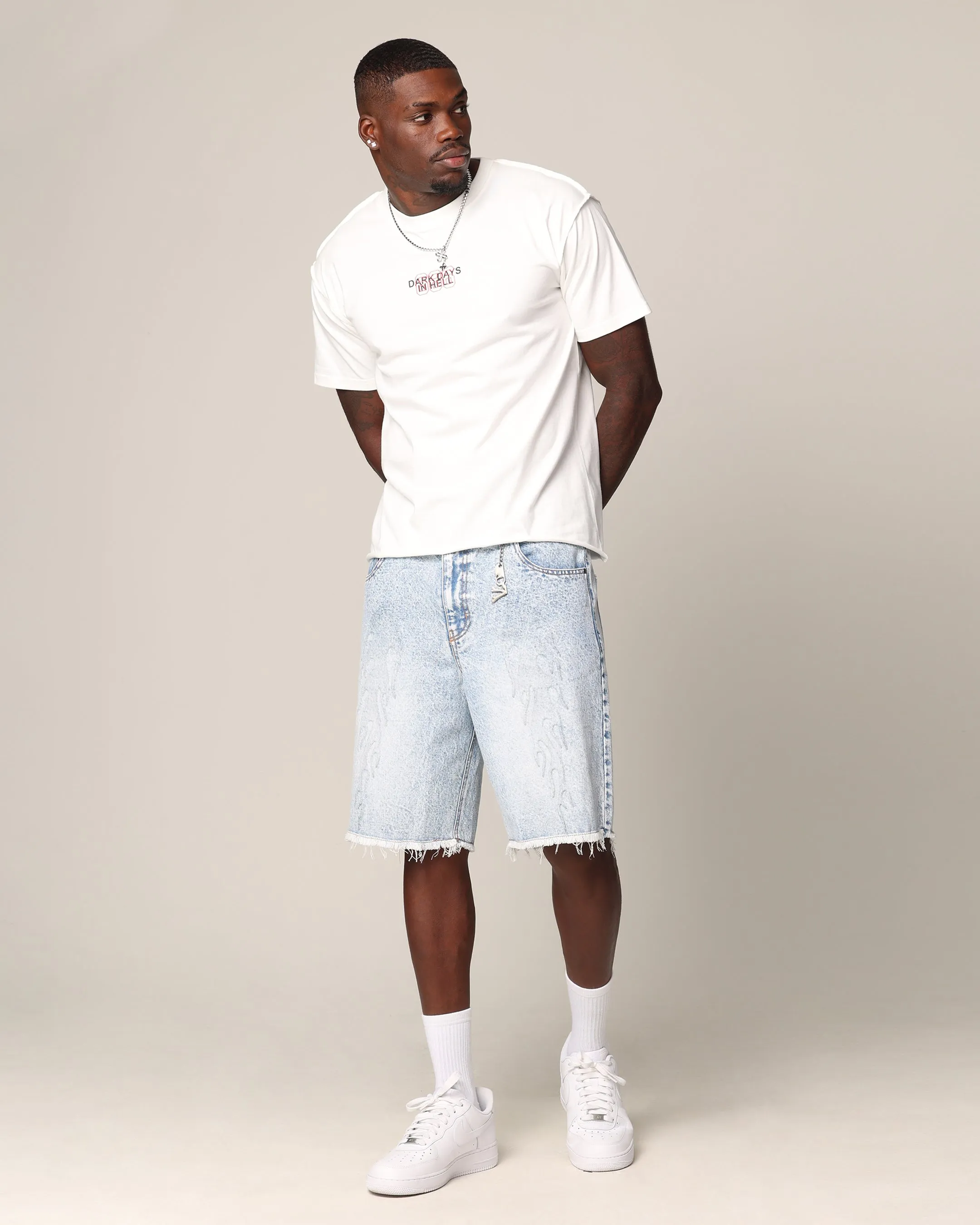 Low Bulk Waistband Saint Morta Inferno Baggy Denim Shorts Blue Acidwash