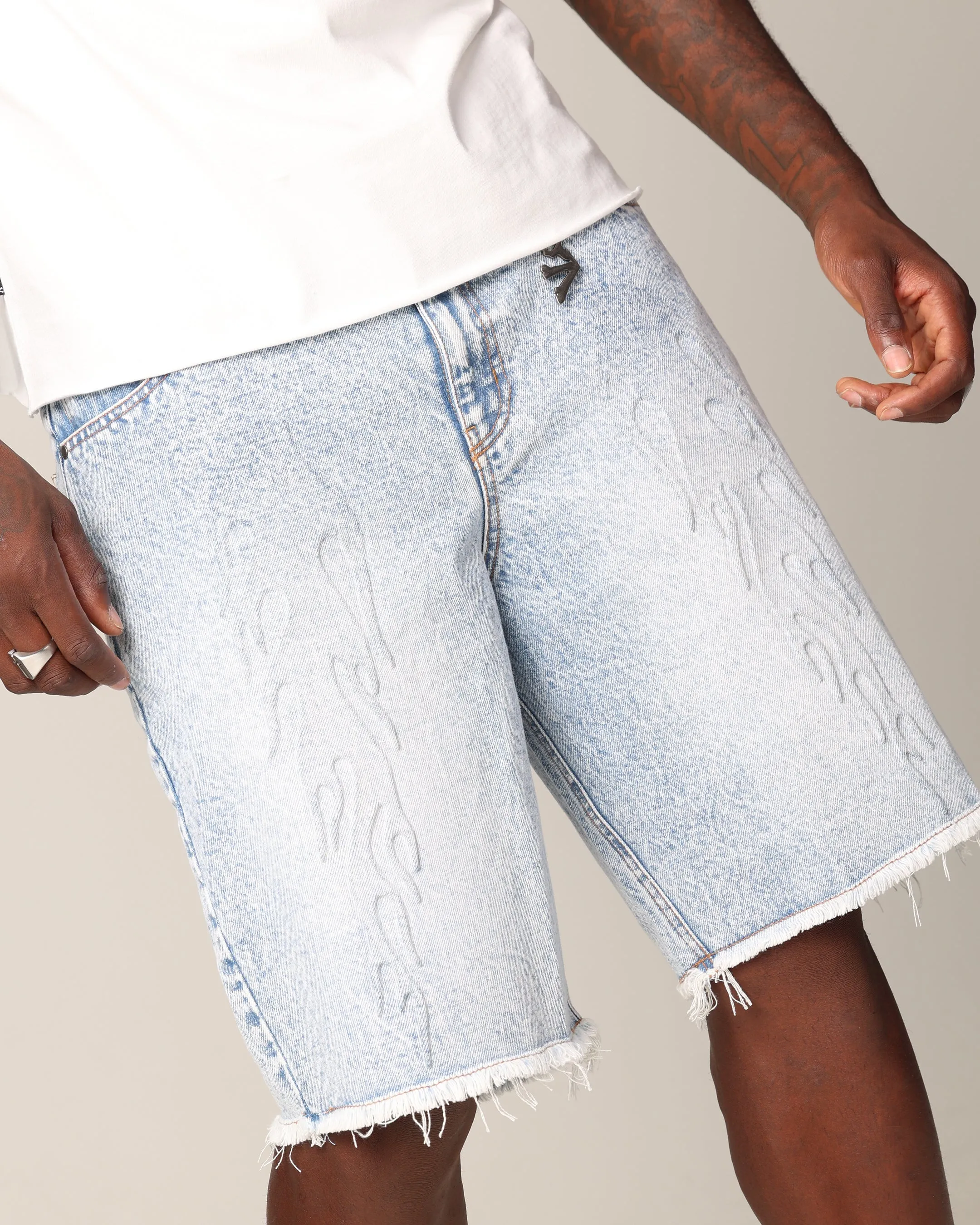 Saint Morta Inferno Baggy Denim Shorts Blue Acidwash Trend Essential Tagless label