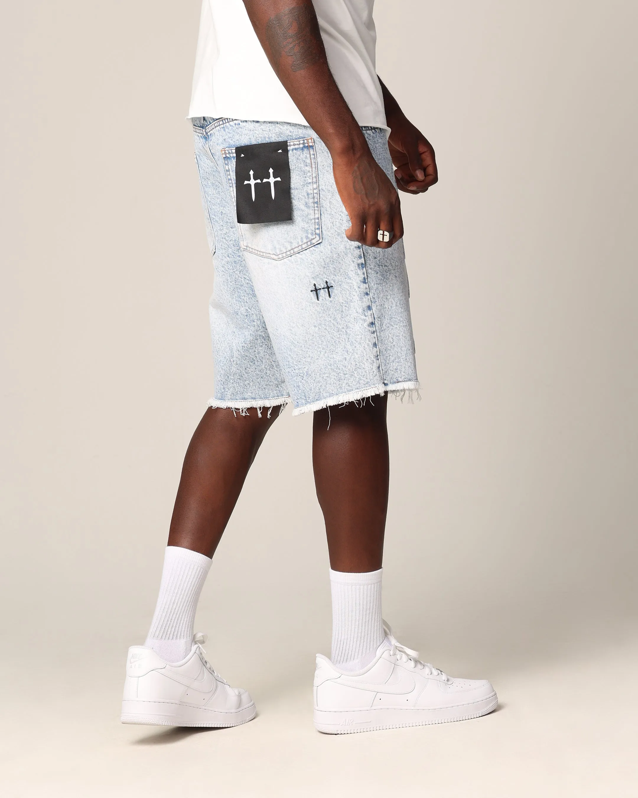 Saint Morta Inferno Baggy Denim Shorts Blue Acidwash SeamlessConstruction Relaxed Movement