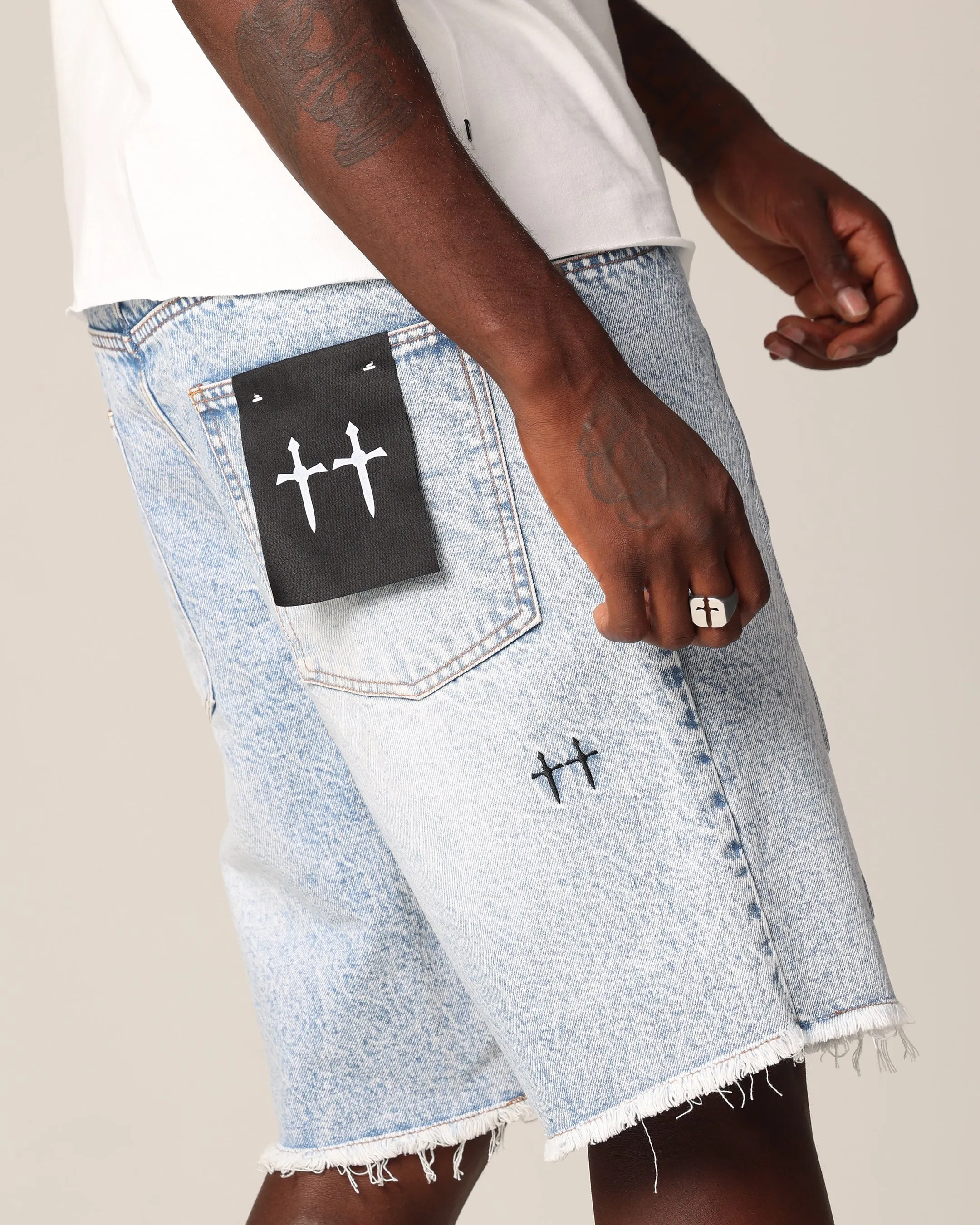 Summer Style shrink - resistant Saint Morta Inferno Baggy Denim Shorts Blue Acidwash