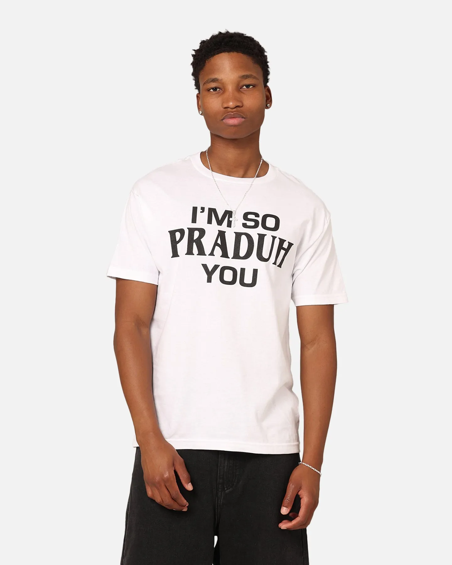 Layering Fashion Award-winning Secret Club I'm So Praduh You T-Shirt White
