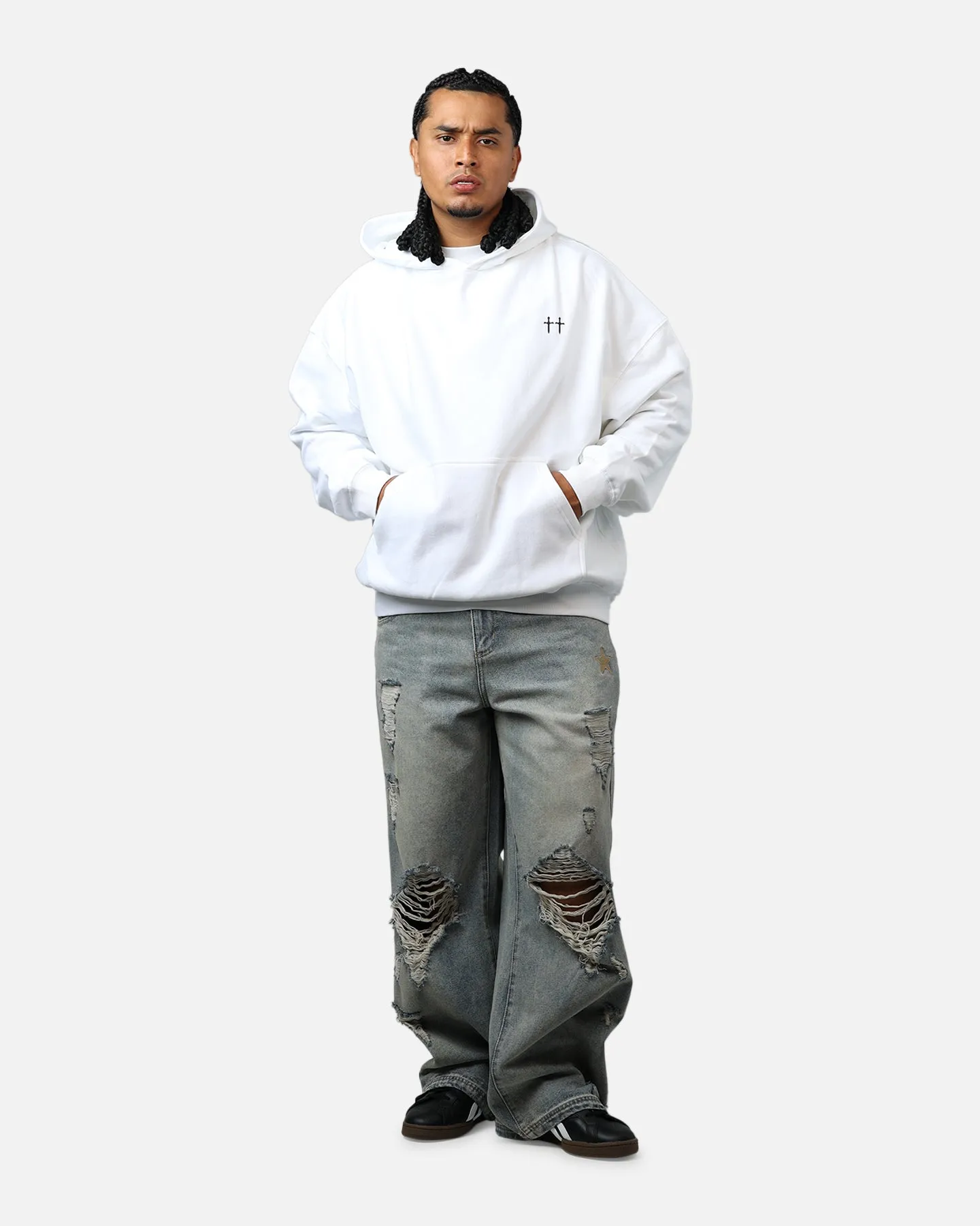 Modern Silhouette Tonal Stitching Saint Morta Maiden Boxy Hoodie White