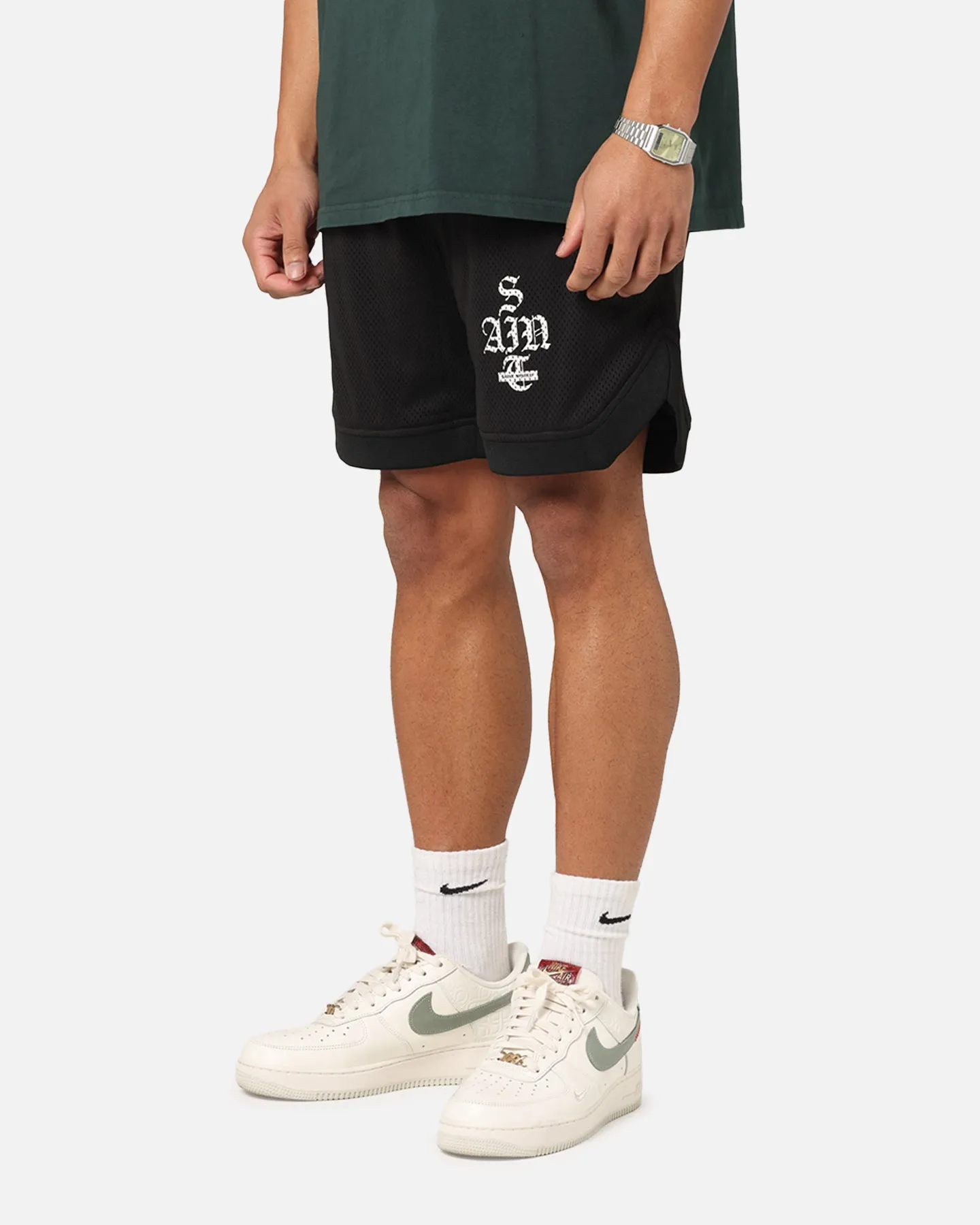 Saint Morta Gothic Stack Basketball Shorts Black Flexible Fabric