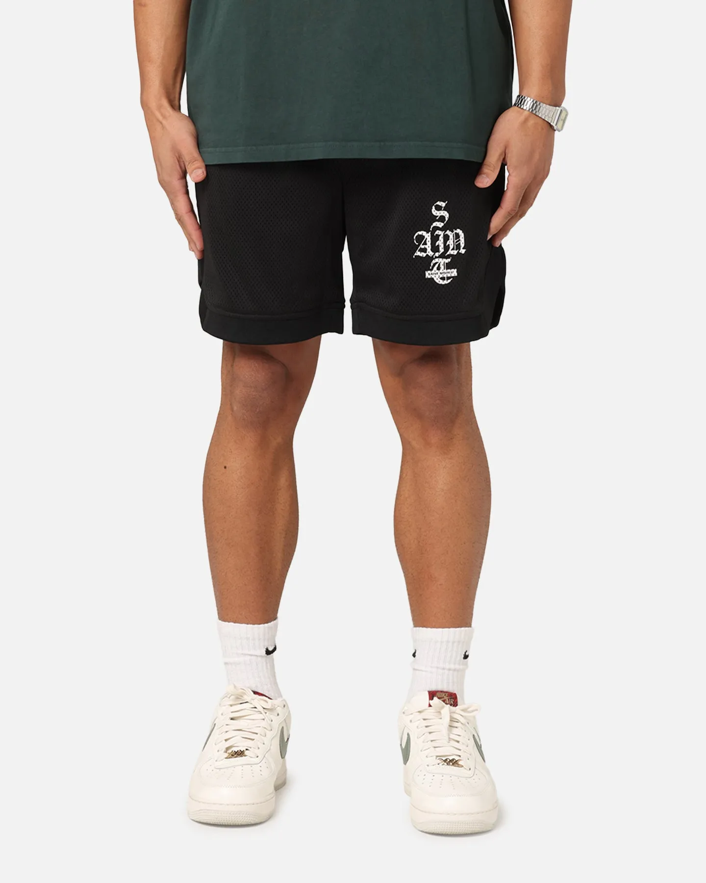 Saint Morta Gothic Stack Basketball Shorts Black Sweat Wicking Technology Anti Pilling Surface