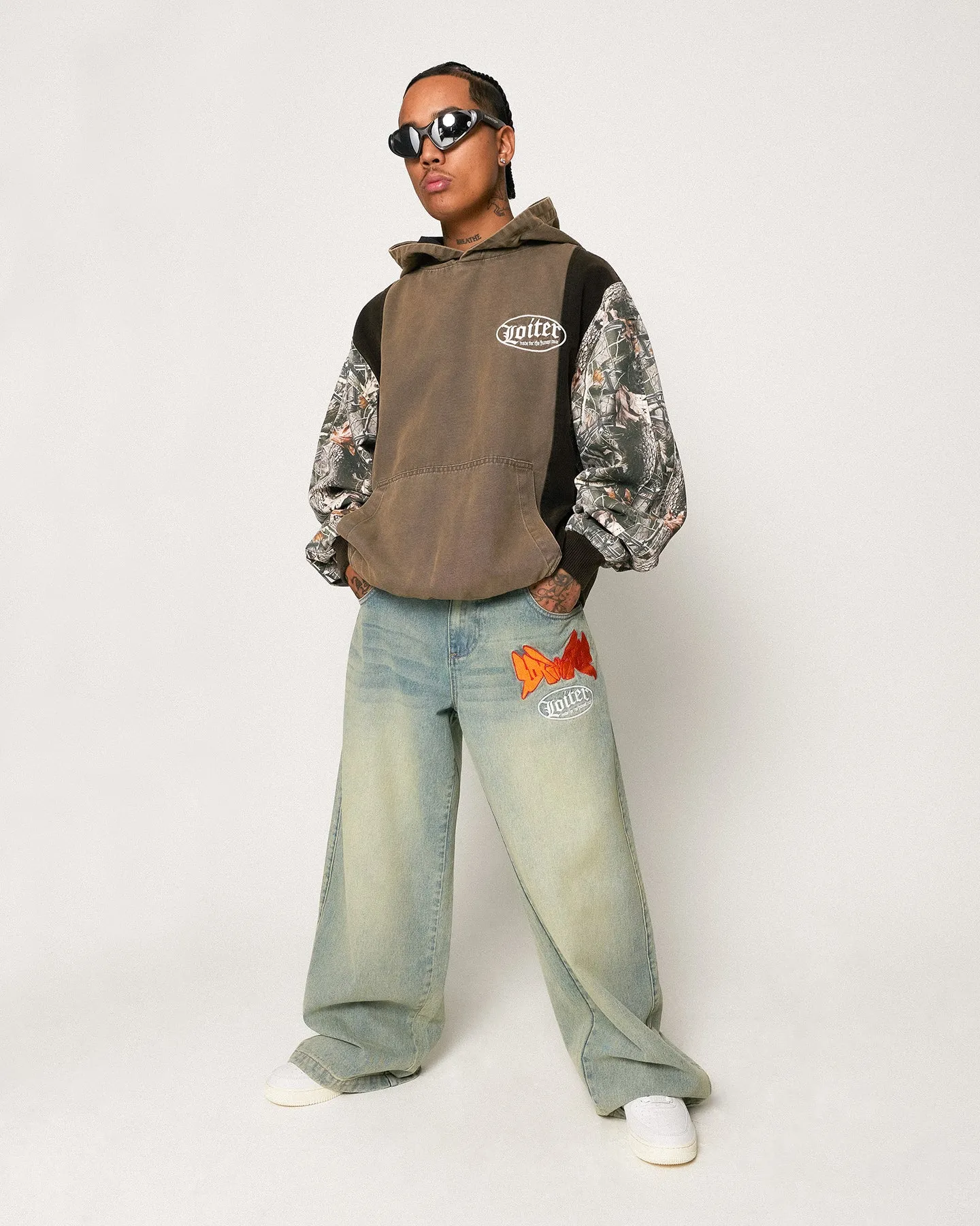 Tassel Details Double Layered Hood Loiter Splinter Hoodie Khaki/Camo