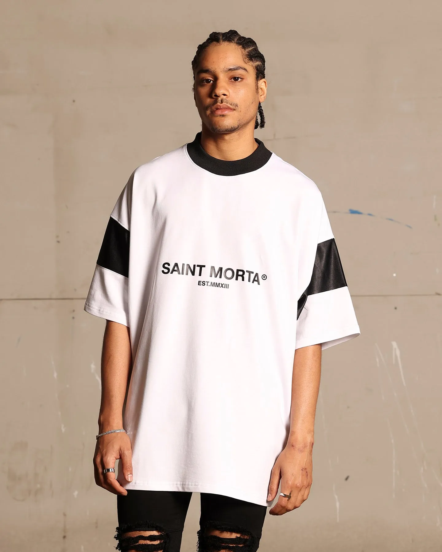 Saint Morta Box Panel T-Shirt White tall size Bohemian freedom