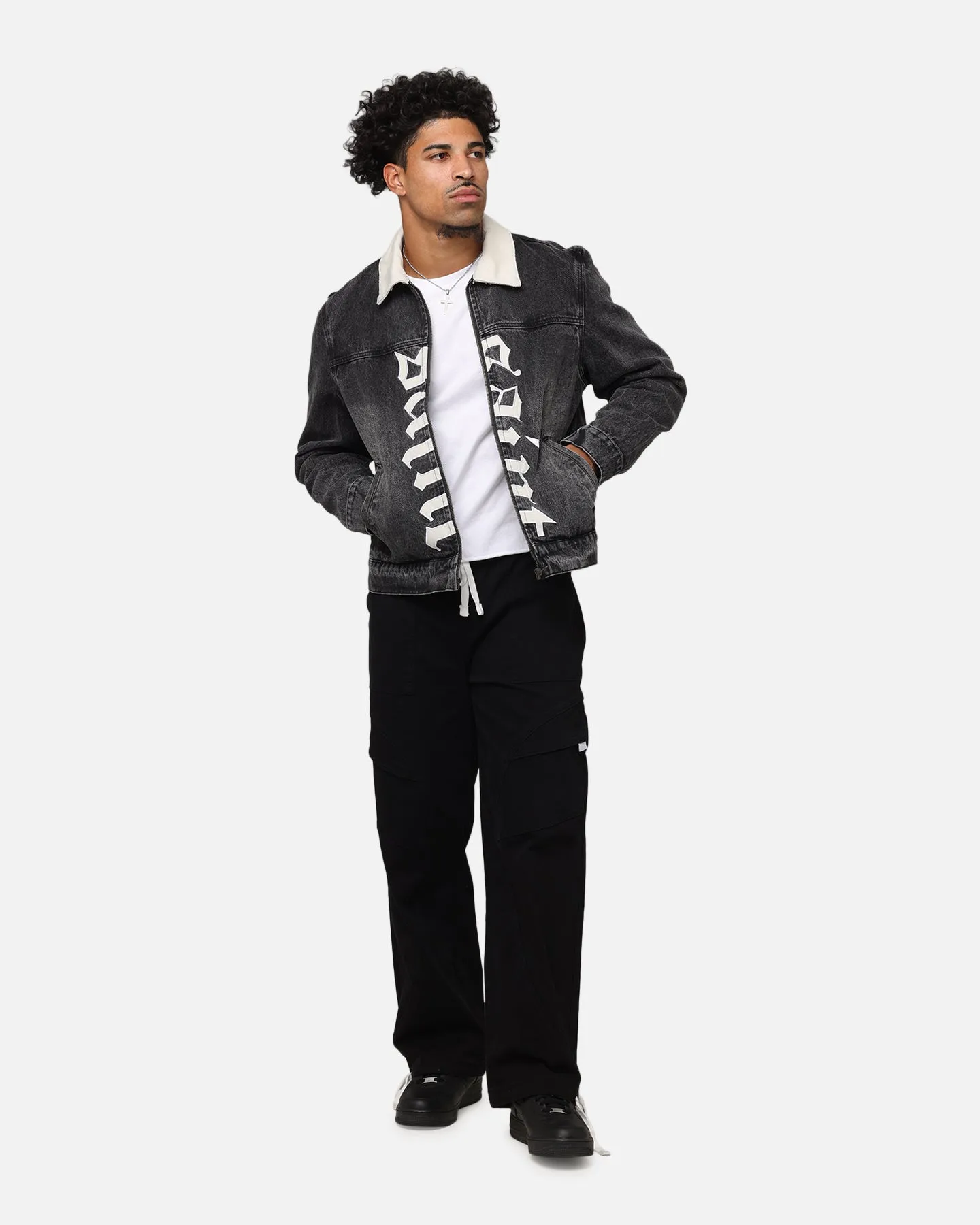 Hooded style Cozy Interior Saint Morta Gothic Distressed Denim Jacket Black Shadow