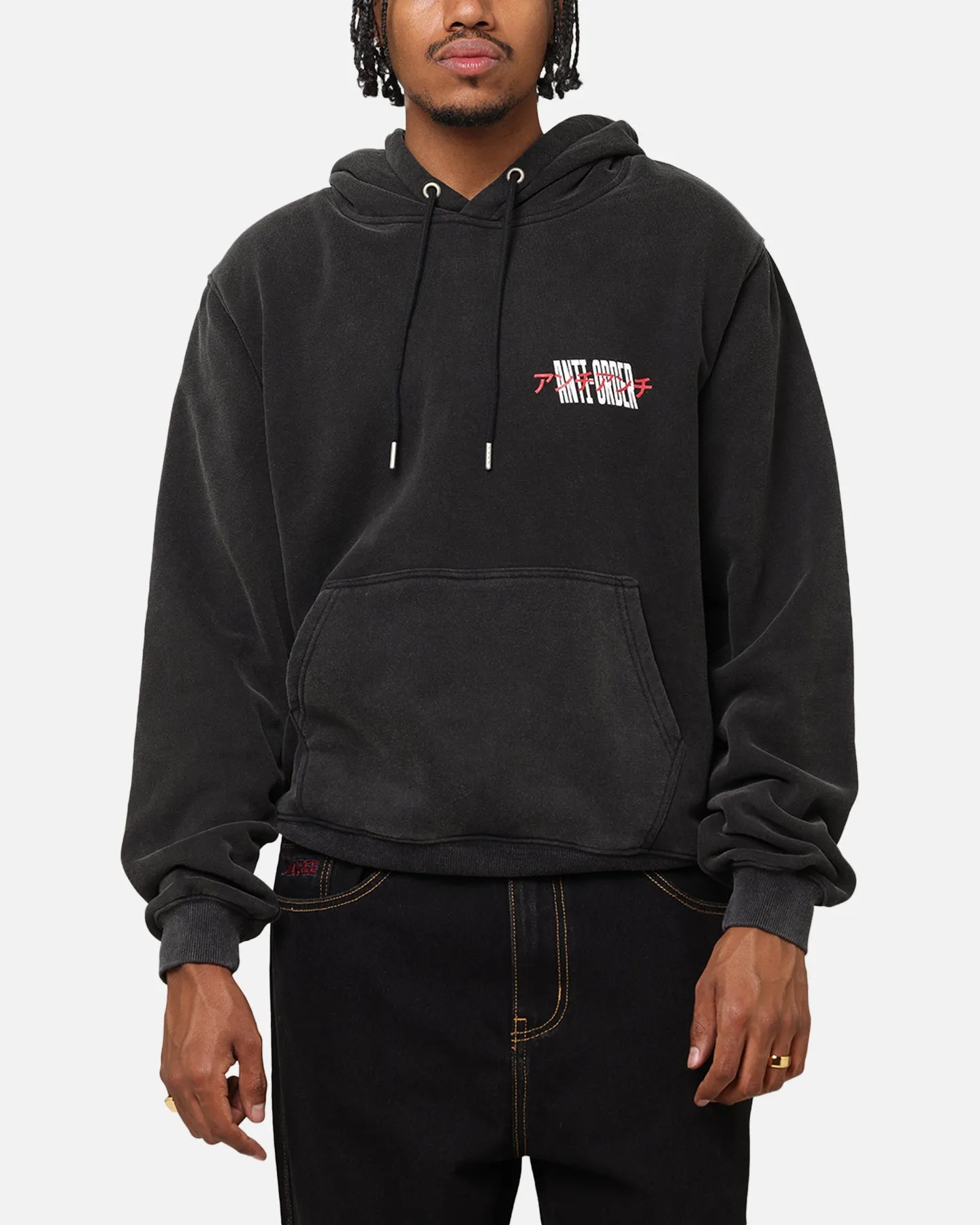 The Anti Order Junya Boxy Hoodie Vintage Black Fringe details