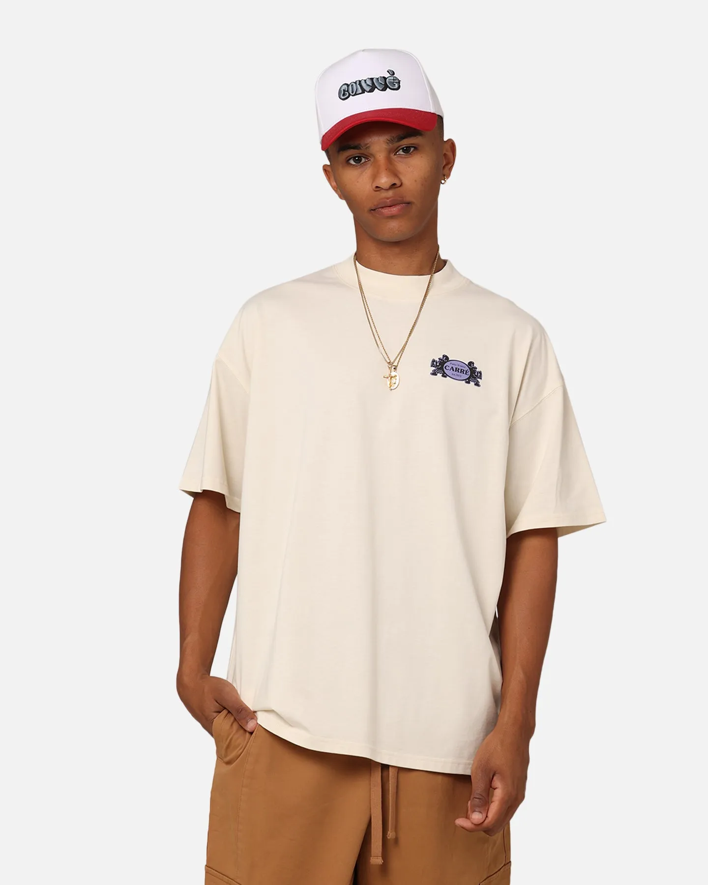 WrinkleResistant Texture Casual Style Carre Warrior Oversized T-Shirt Off White