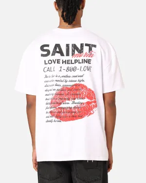 Comfortable and Chic Holiday Outfit Style Saint Morta Love Helpline T-Shirt White