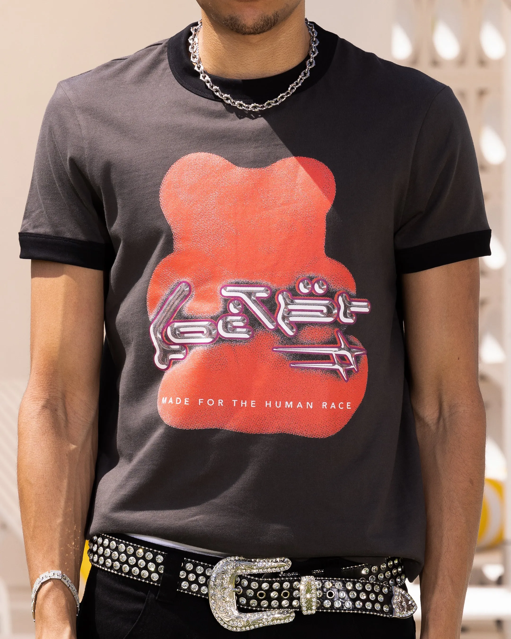 Distressed Hem Finish Loiter Gummy Ringer T-Shirt Charcoal